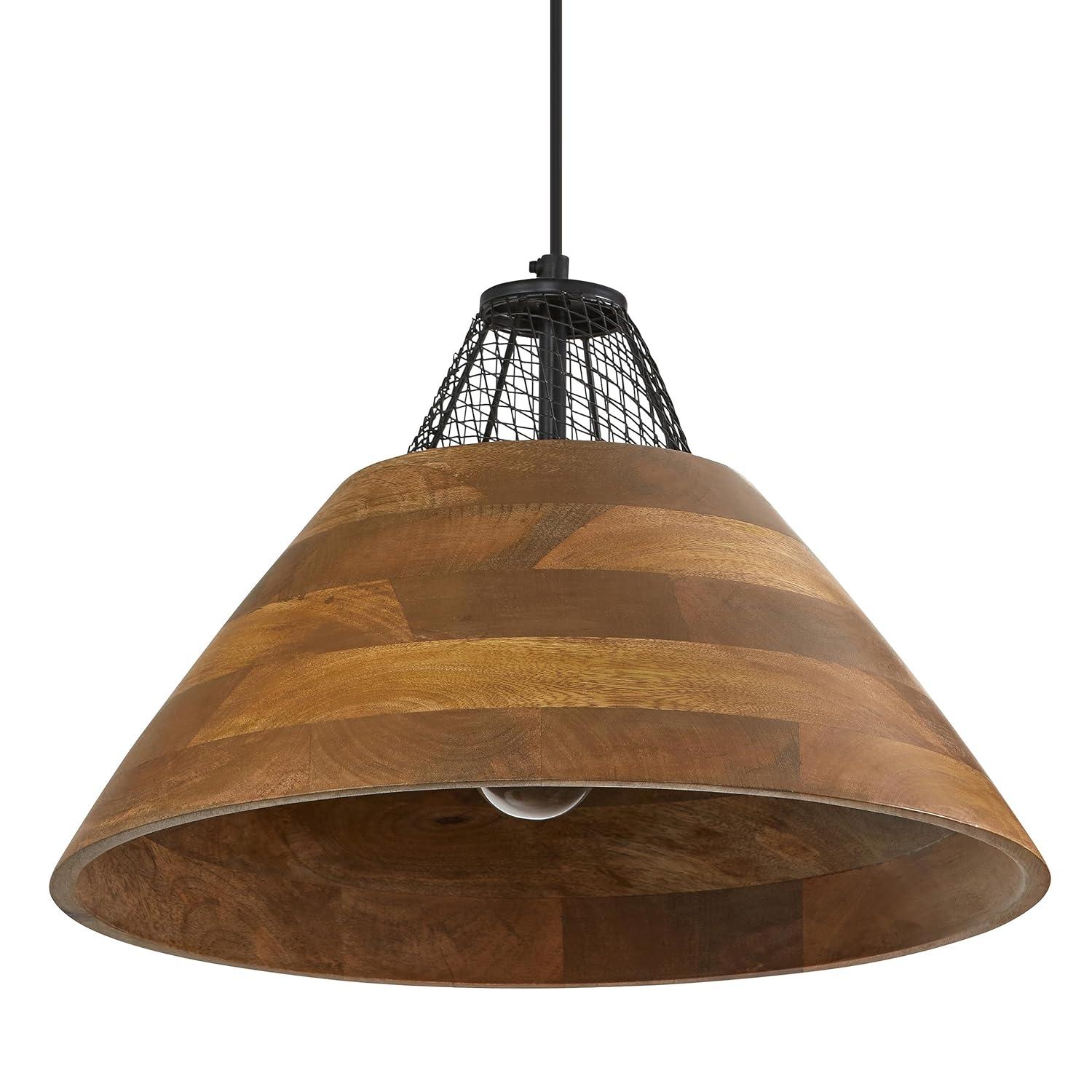 River of Goods 17.25" 1-Light Alainia Black Metal and Walnut-Stained Wood Pendant Light: Satin Finish, UL Listed, Adjustable Height