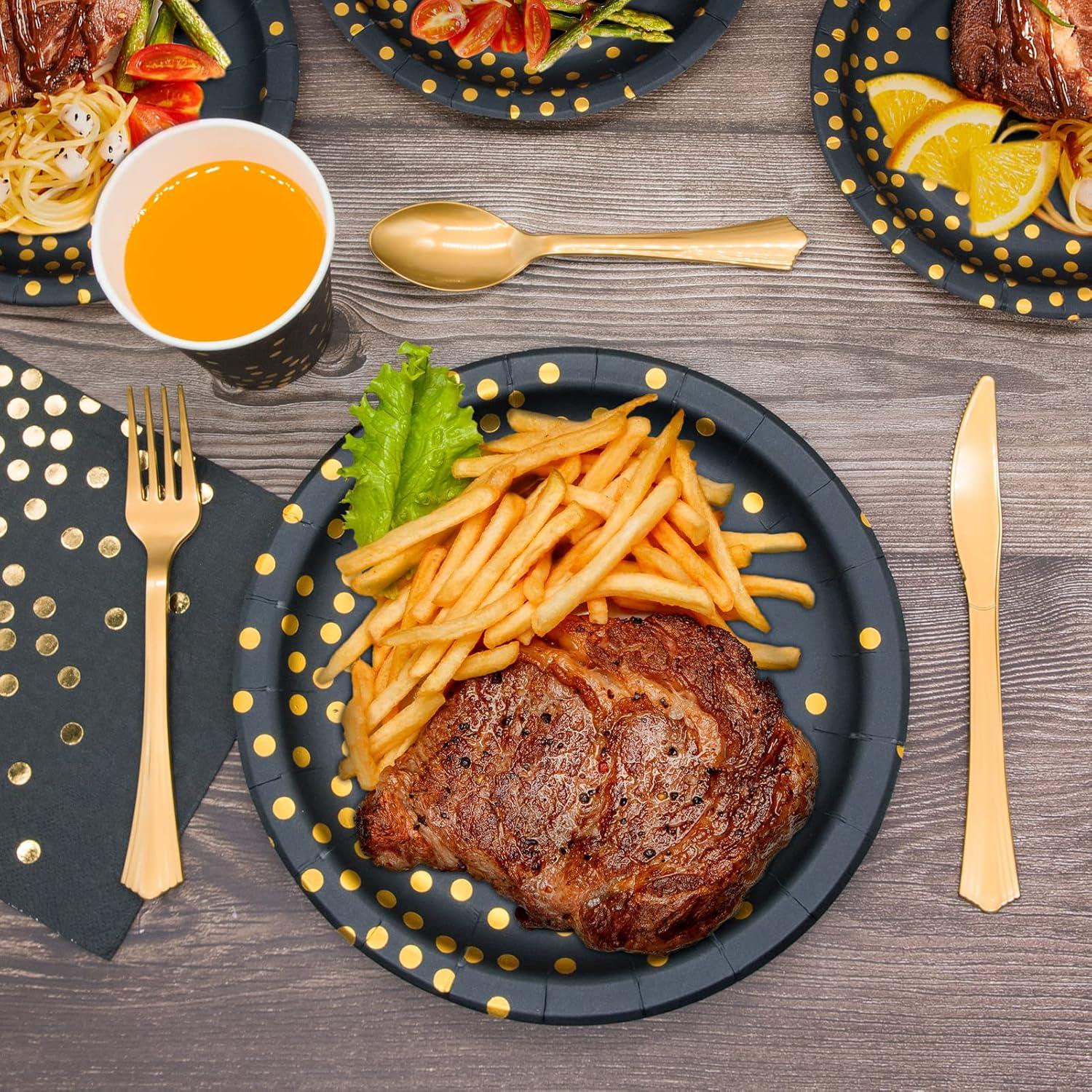 Black and Gold Party Supplies - 350 PCS Disposable Dinnerware Set - Black Paper Plates Napkins Cups, Gold Plastic Forks Knives Spoons for Birthday Christmas Halloween Thanksgiving New Years Eve Party