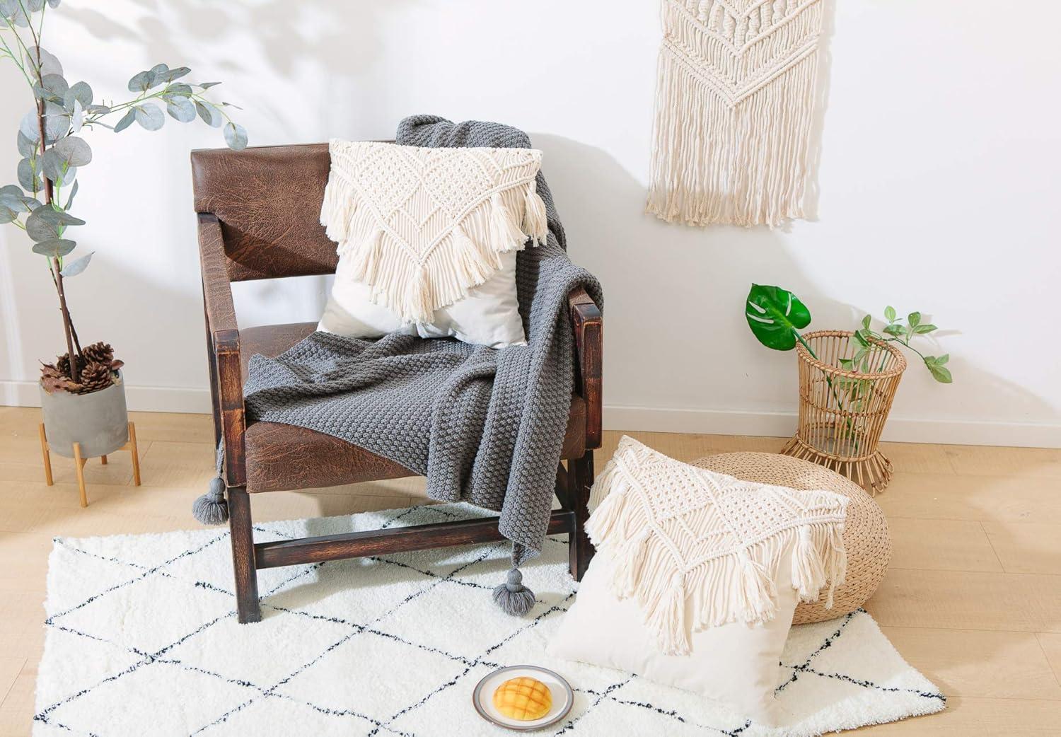 Cream Macrame Boho Throw Pillow Covers with Tassels, Set of 2