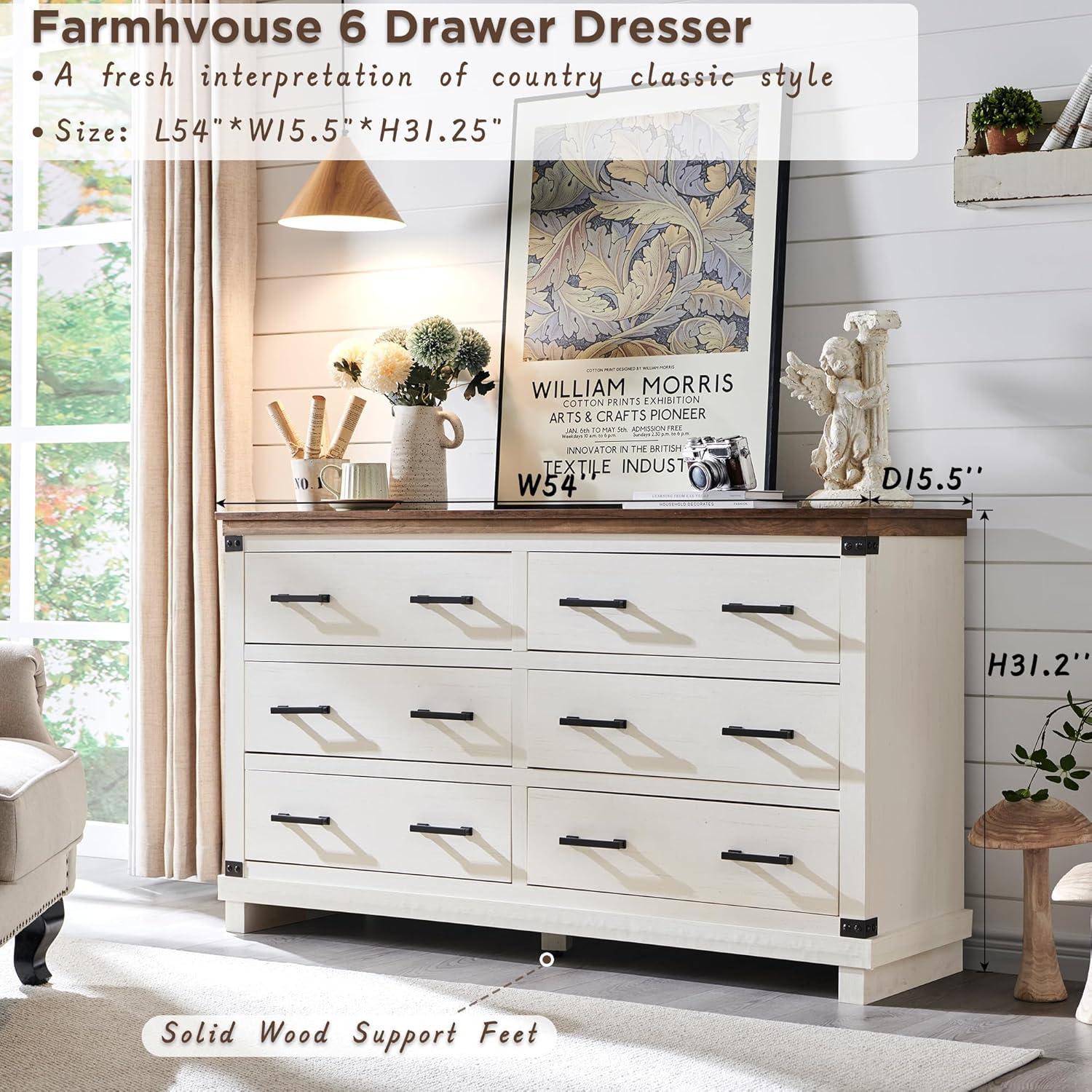 Antique White Farmhouse 6-Drawer Wood Dresser with Rustic Oak Top