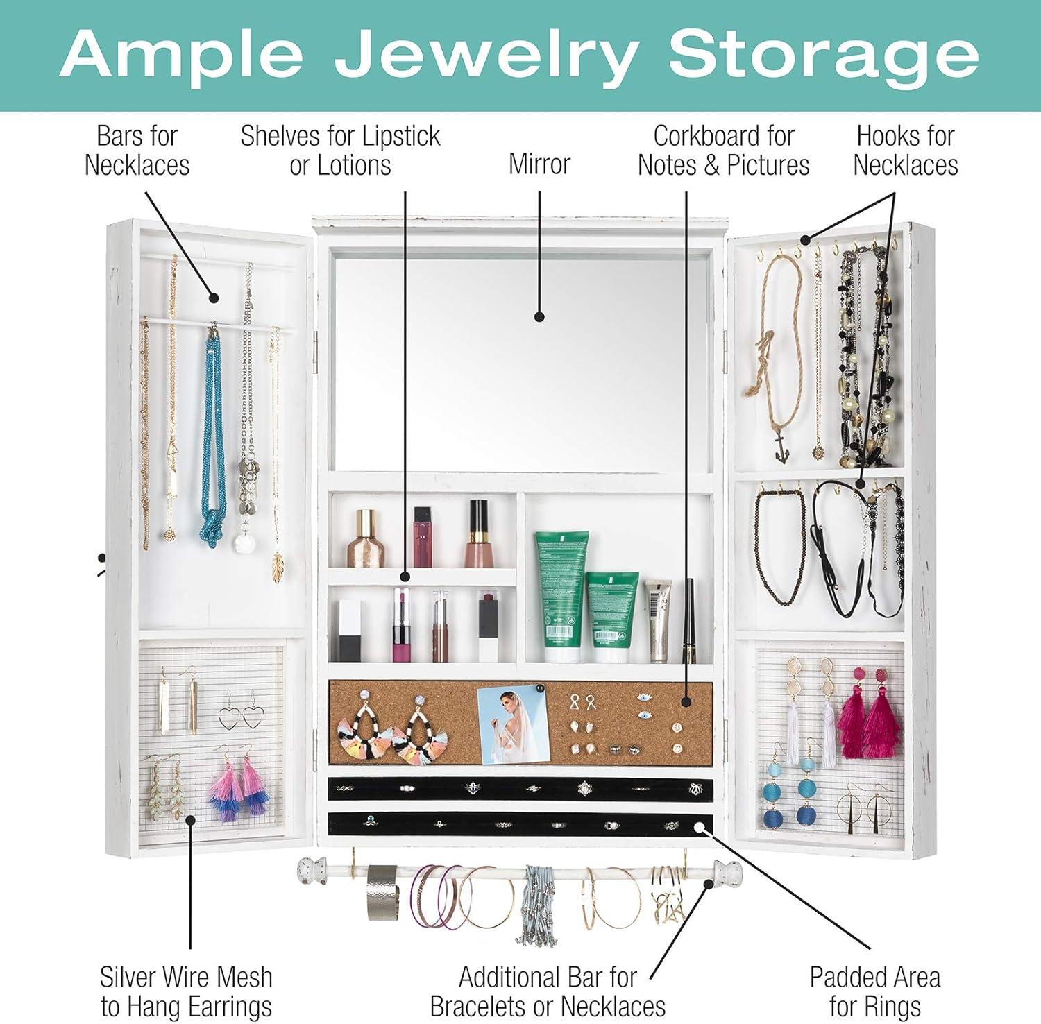 Excello Global Products Large Rustic Wall Mounted Jewelry Organizer with Barndoor Decor Jewelry holder for Necklaces, Earings, Bracelets, Ring Holder, and Accessories. Includes - White  EGP-HD-0283-OS