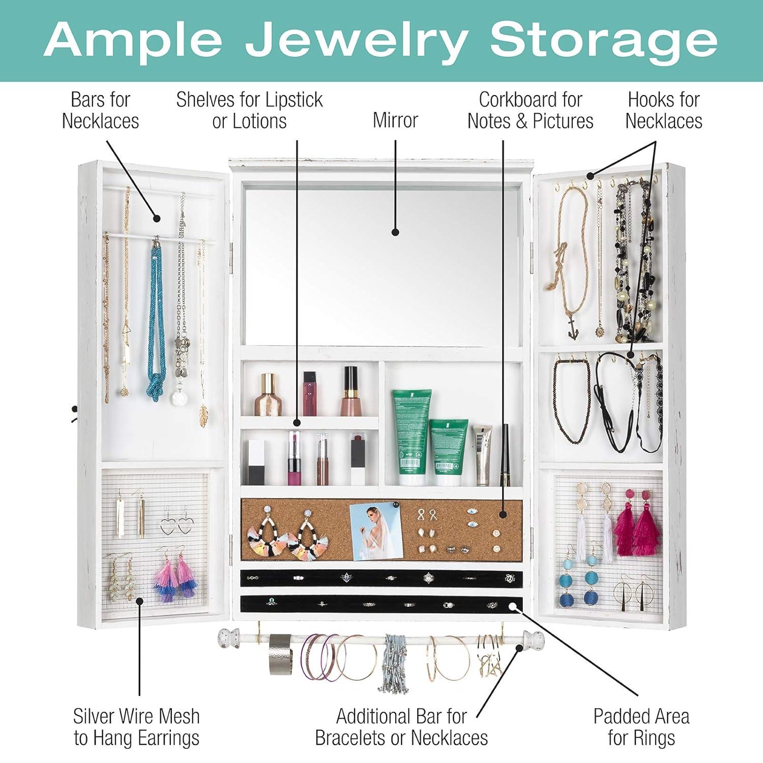 Excello Global Products Large Rustic Wall Mounted Jewelry Organizer with Barndoor Decor Jewelry holder for Necklaces, Earings, Bracelets, Ring Holder, and Accessories. Includes - White  EGP-HD-0283-OS