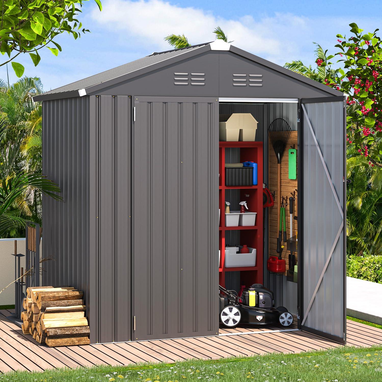 AECOJOY 12' x 10' Outdoor Storage Shed with Lockable Door Patio Metal Garden Storage Building in Dark Gray for Outside