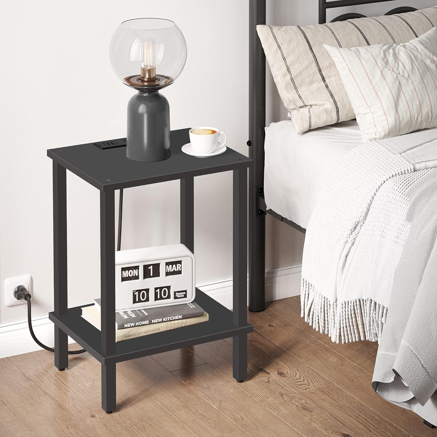 End Table with Charging Station, Side Table with USB Ports and Outlets, Nightstand, 2-Tier Storage Shelf, Sofa Table for Small Space, 1 Package (2PCS), Charcoal Grey