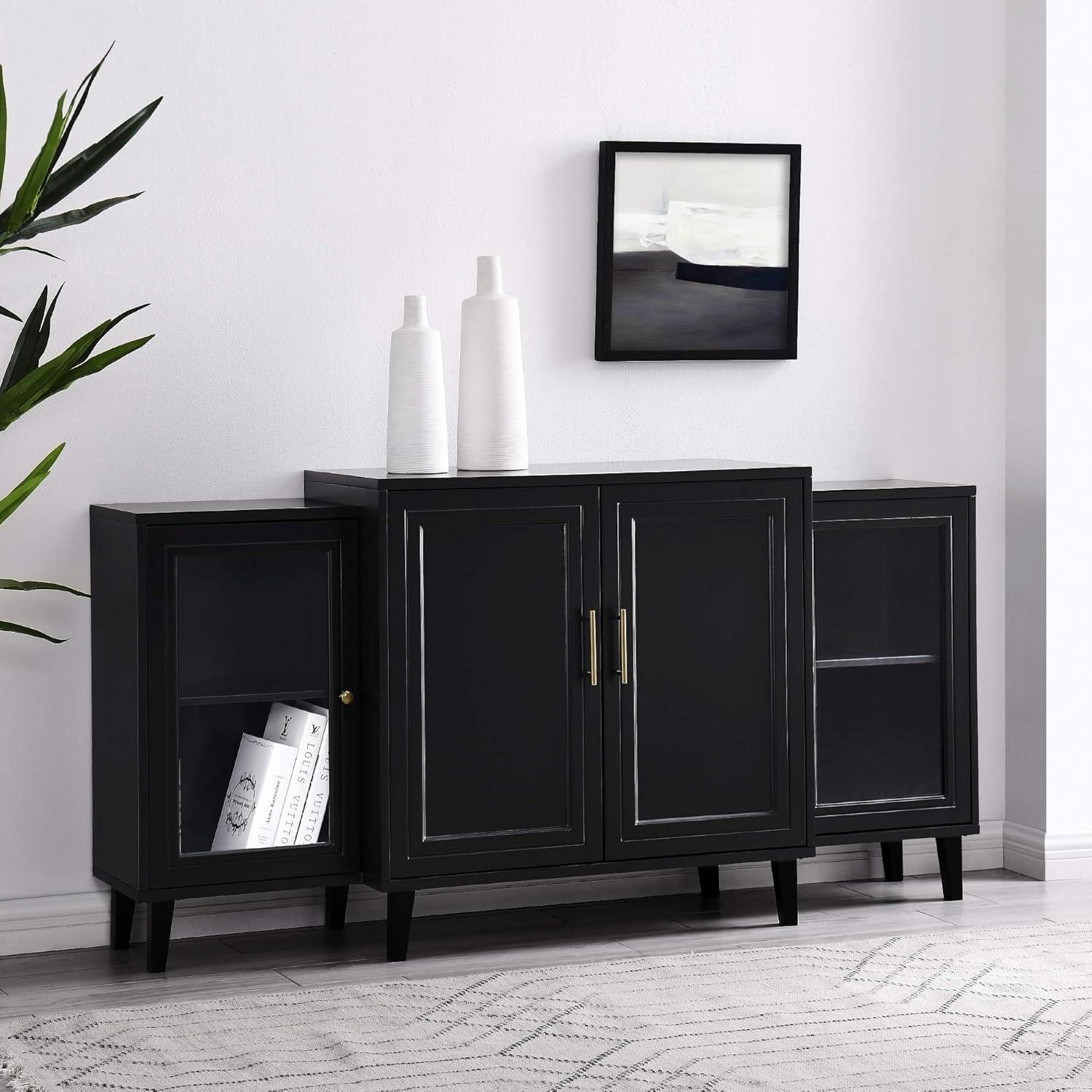 Black Wood Grain Four-Door Tiered Sideboard