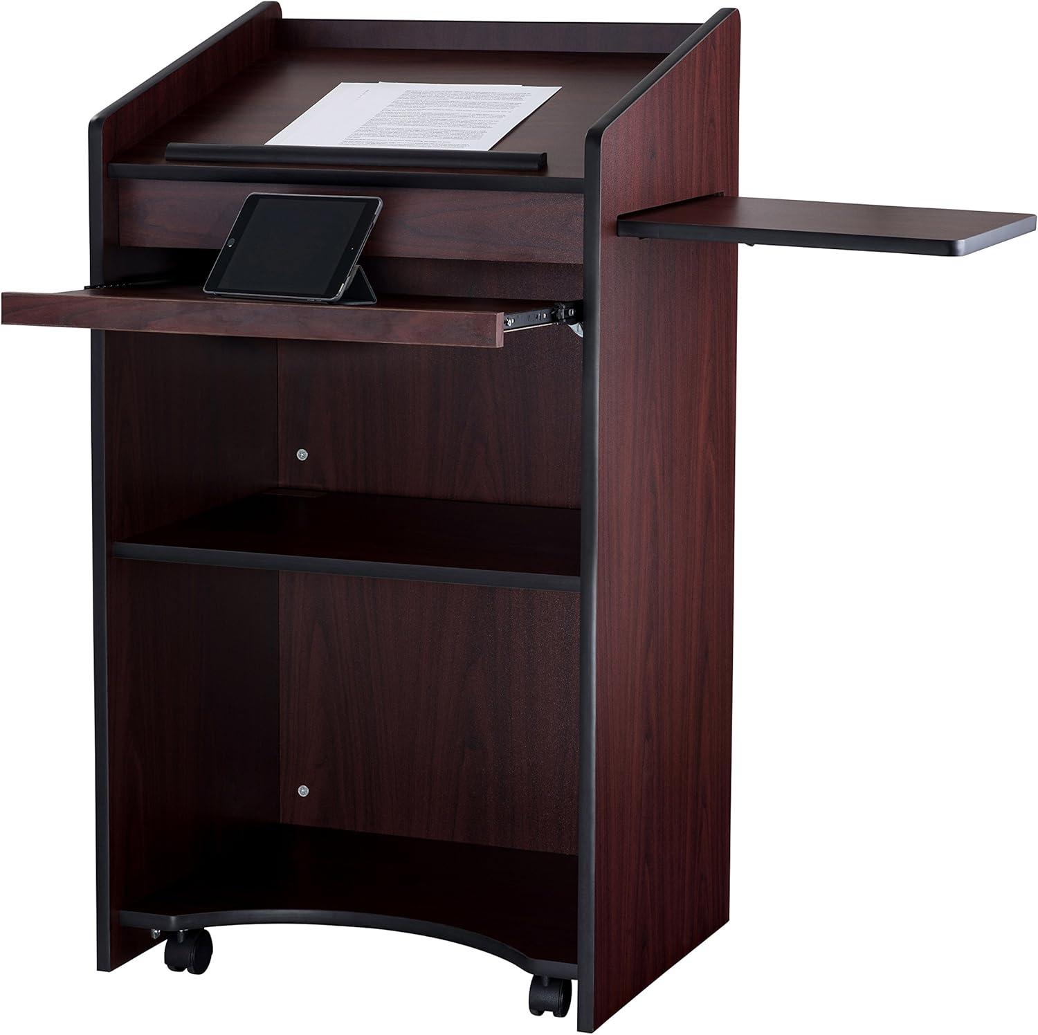 Oklahoma Sound Aristocrat Non Sound Lectern Podium with 2 Built In Shelves, Slide Out Shelf, and Caster Wheels for Meeting Rooms, Mahogany