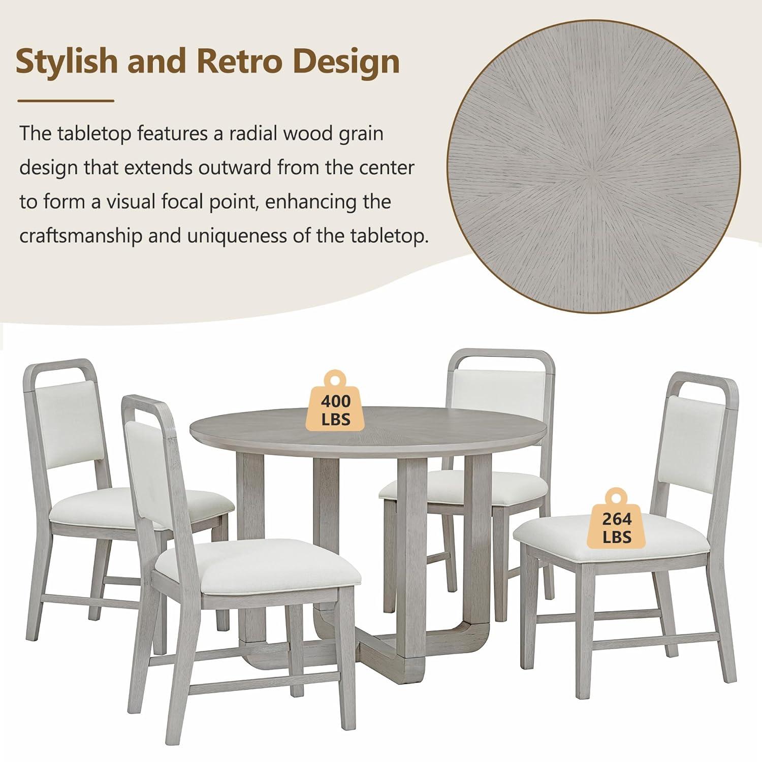 Merax 5-Piece Retro Dining Set, Round Table Top with Radial Wood Grain Design and 4 Upholstered Chairs for Dining Room and Kitchen, Antique Gray