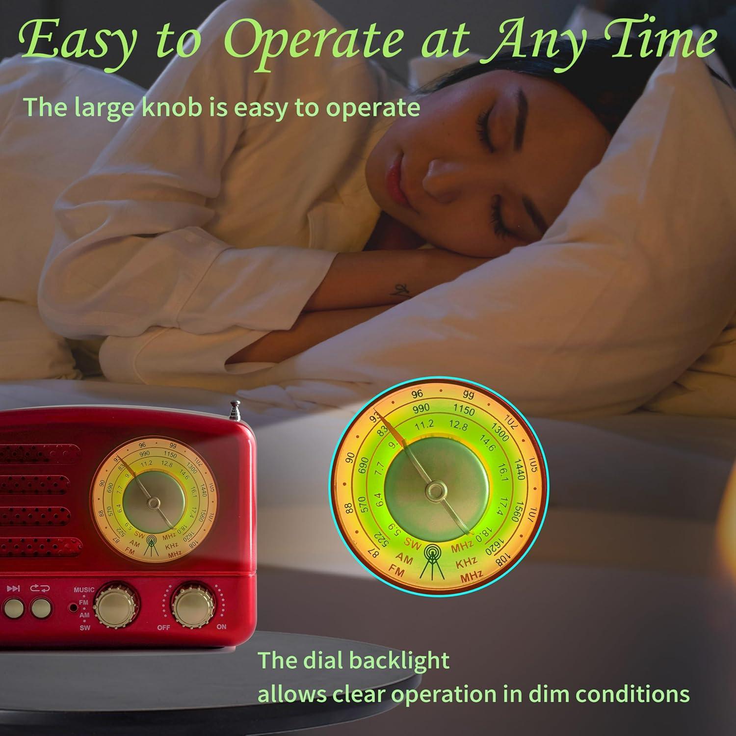 Retro Portable AM/FM Vintage Radio with Bluetooth, Transistor Radio Receiver, Rechargeable Battery, Support TF Card, AUX, USB, MP3 Player for Elder (Red)