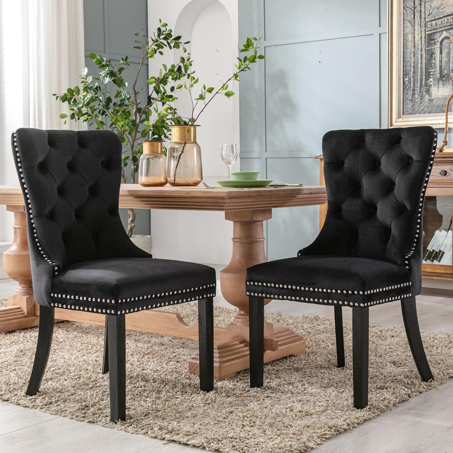 Westice Dining Chairs Set of 2, Button Tufted Velvet Chairs for Kitchen, Mid-Century Armless Chairs with Rivet Trim Metal Pull Ring Large Back Acrylic Legs for Room Dining, Black