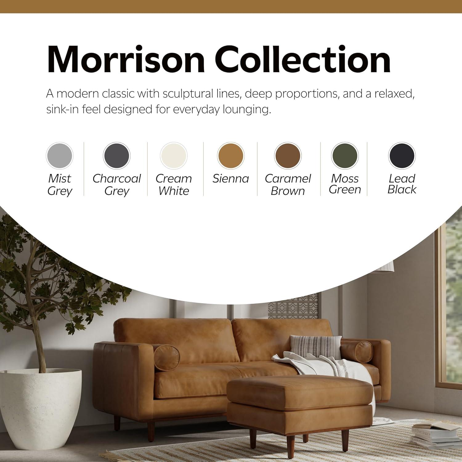 Simpli Home Morrison Genuine Leather Sofa, Mid-Century Modern Couch for Living Room, Handcrafted with Removable Cushions