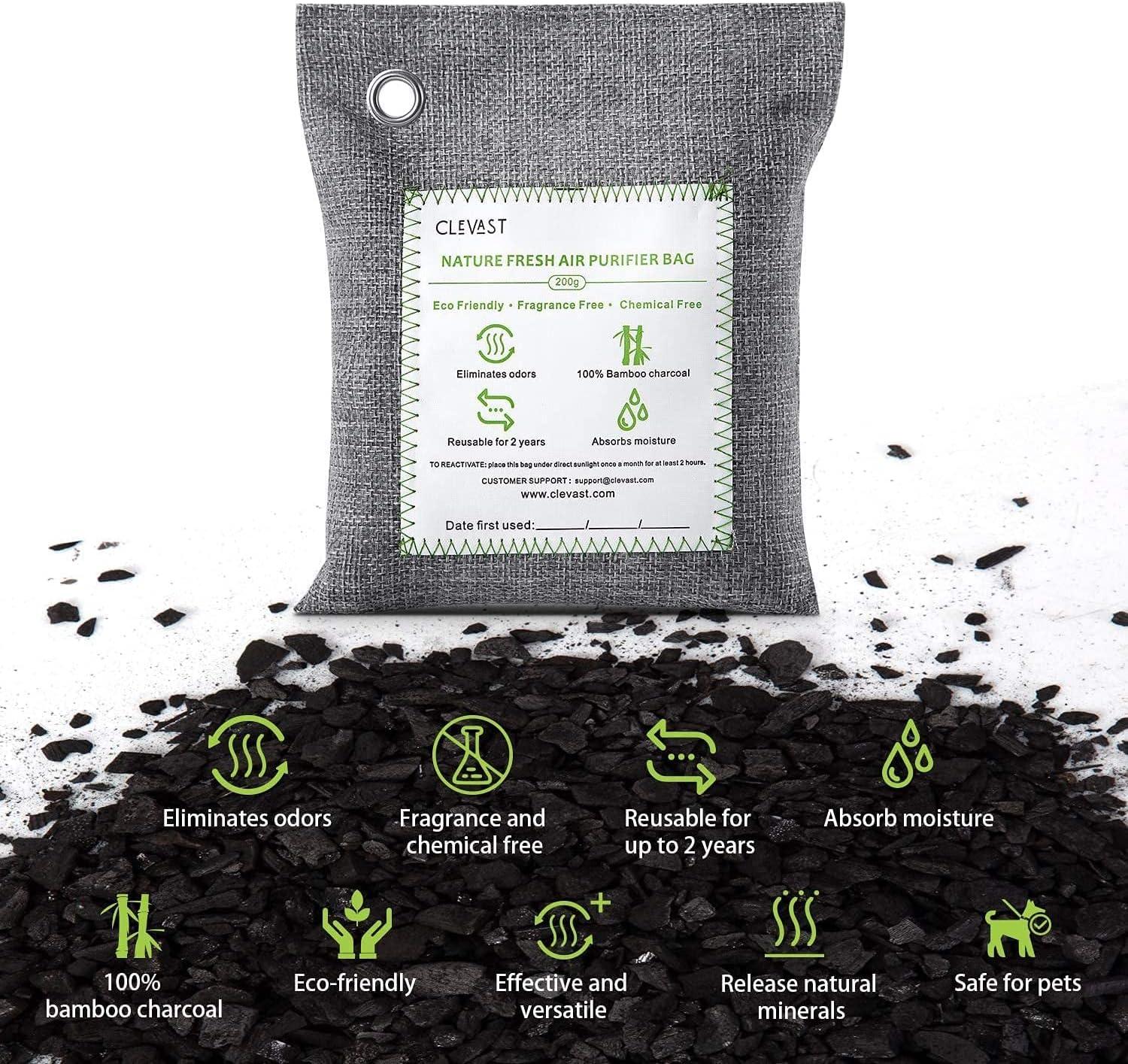 CLEVAST Charcoal Air Purifying Bags (4×200g), Removes Odors and Moisture, Nature Fresh Air Purifier Bags, Odor Eliminator for Home, Car, Pets, Bathroom, Basement