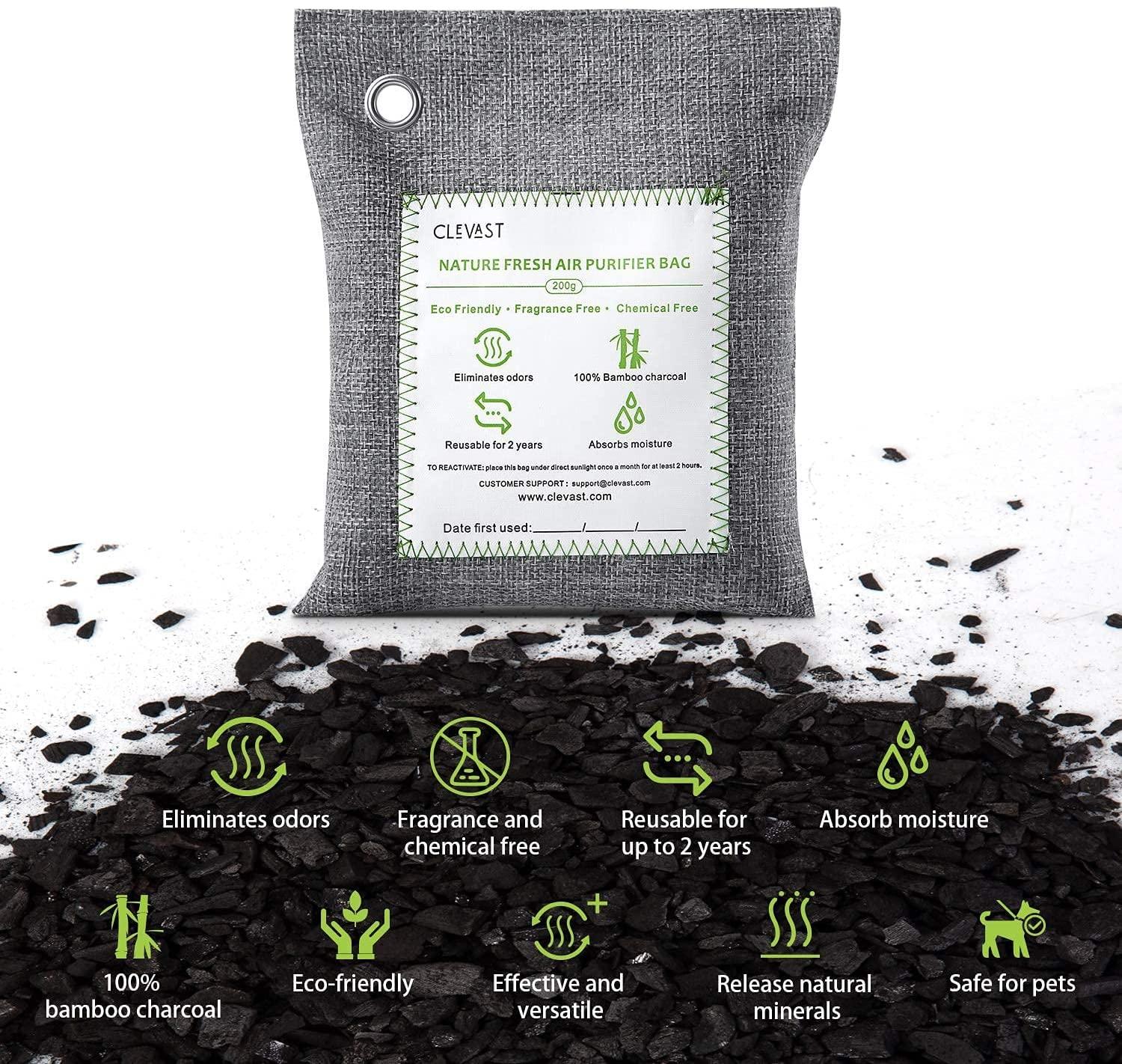 CLEVAST Charcoal Air Purifying Bags (4×200g), Removes Odors and Moisture, Nature Fresh Air Purifier Bags, Odor Eliminator for Home, Car, Pets, Bathroom, Basement