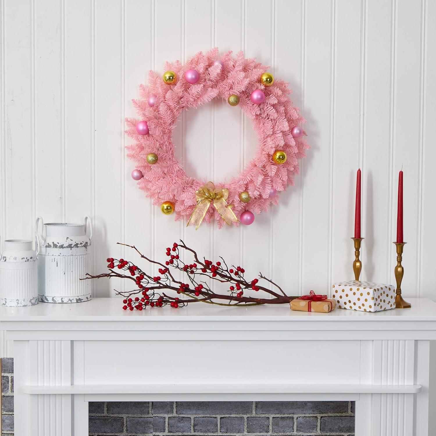 Nearly Natural 24" Pre-lit LED Pine Artificial Christmas Wreath Pink with Warm White Lights