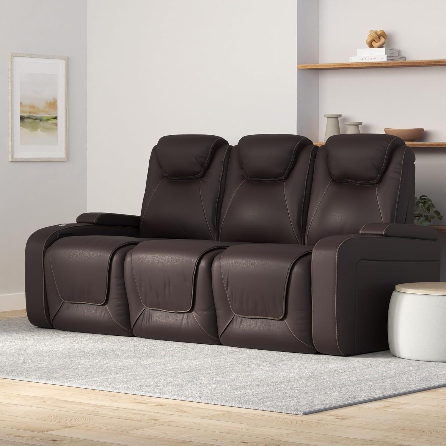 Black Leather Reclining Sofa with Cup Holders and USB Charging