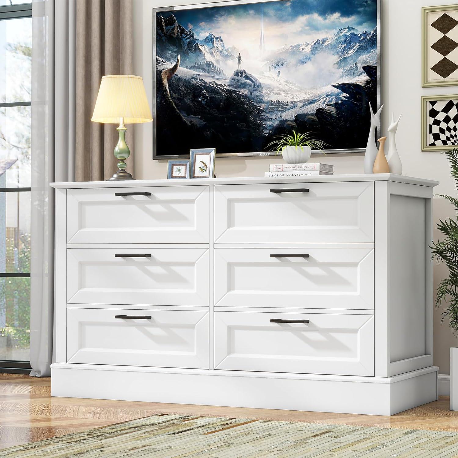 White 6 Drawer Dresser for Bedroom, Modern Chest of Drawers with Deep Drawers, Wood Double Dresser for Storage Clothes