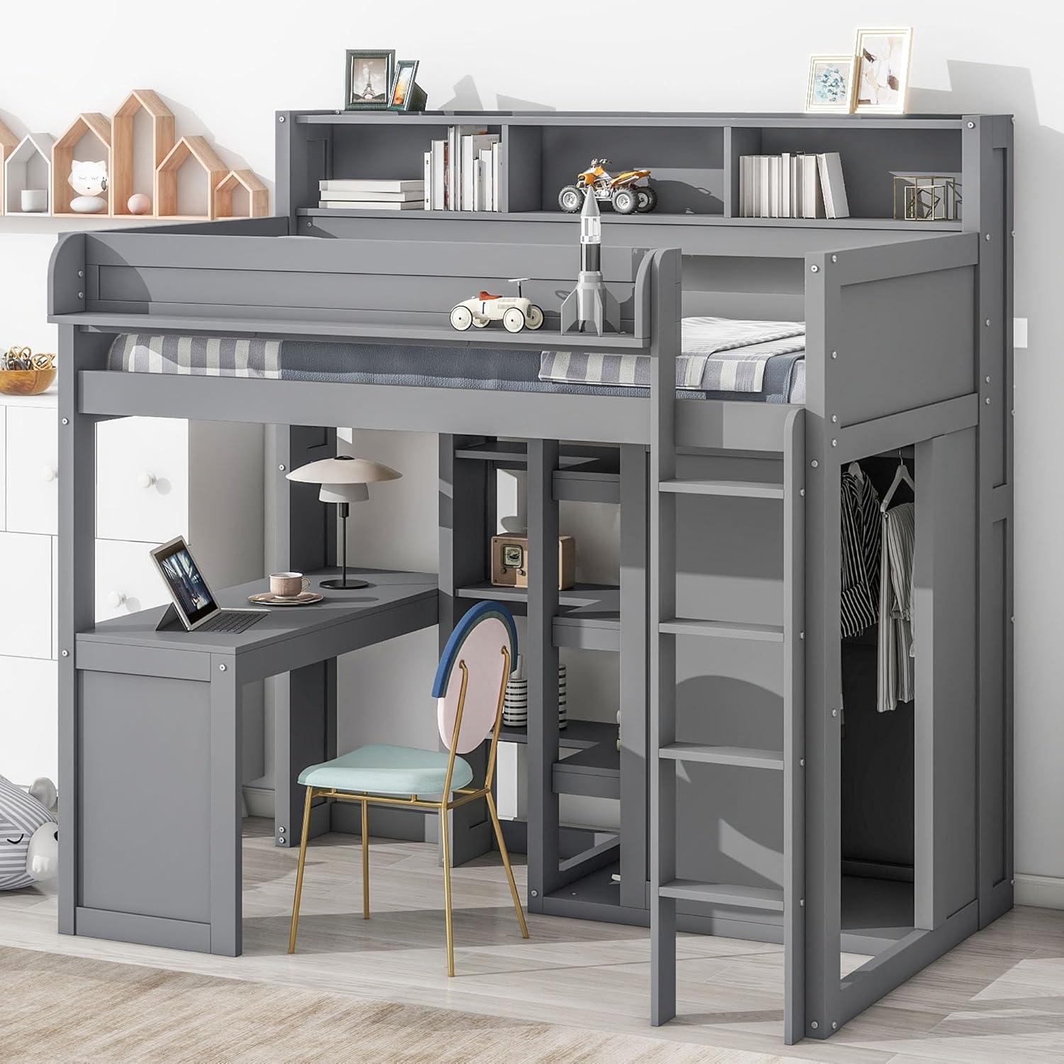 Bellemave Twin Size Loft Bed with Wardrobes and Desk, Wood Loft Beds Frame with Storage Shelves and Cabinet, High Loft Bed for Kids Teens Adults (Gray)