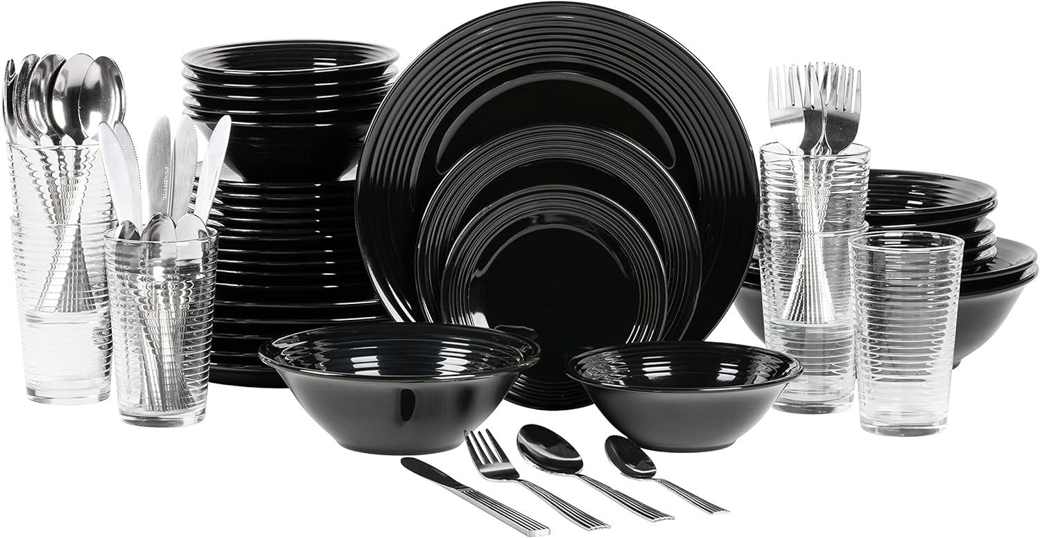 10 Strawberry Street Nova Black Round 62-Piece Stoneware Dinnerware Set, Service for 6