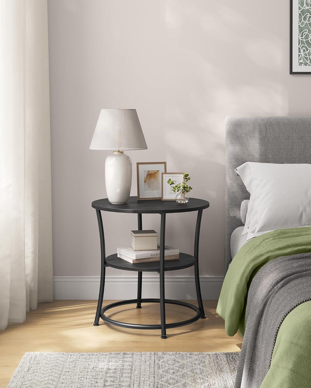 Charcoal Gray and Black Round Metal Side Table with Shelves