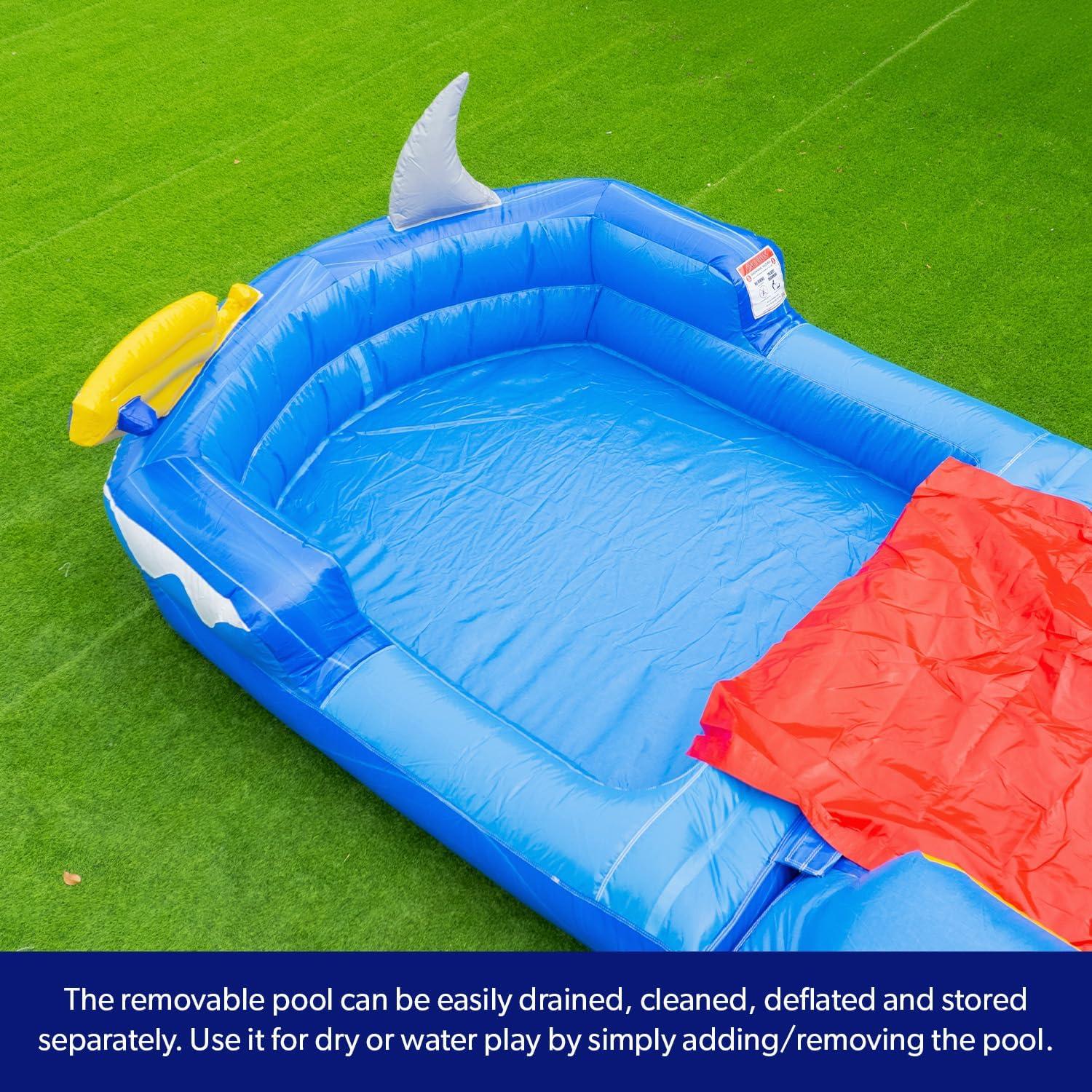 HeroKiddo Ocean Shark Commercial Grade Bounce House Water Slide with Splash Pool for Kids and Adults (with Blower), Basketball Hoop, Outdoor Indoor, Wet Dry Combo, Big Inflatable, Rental Quality