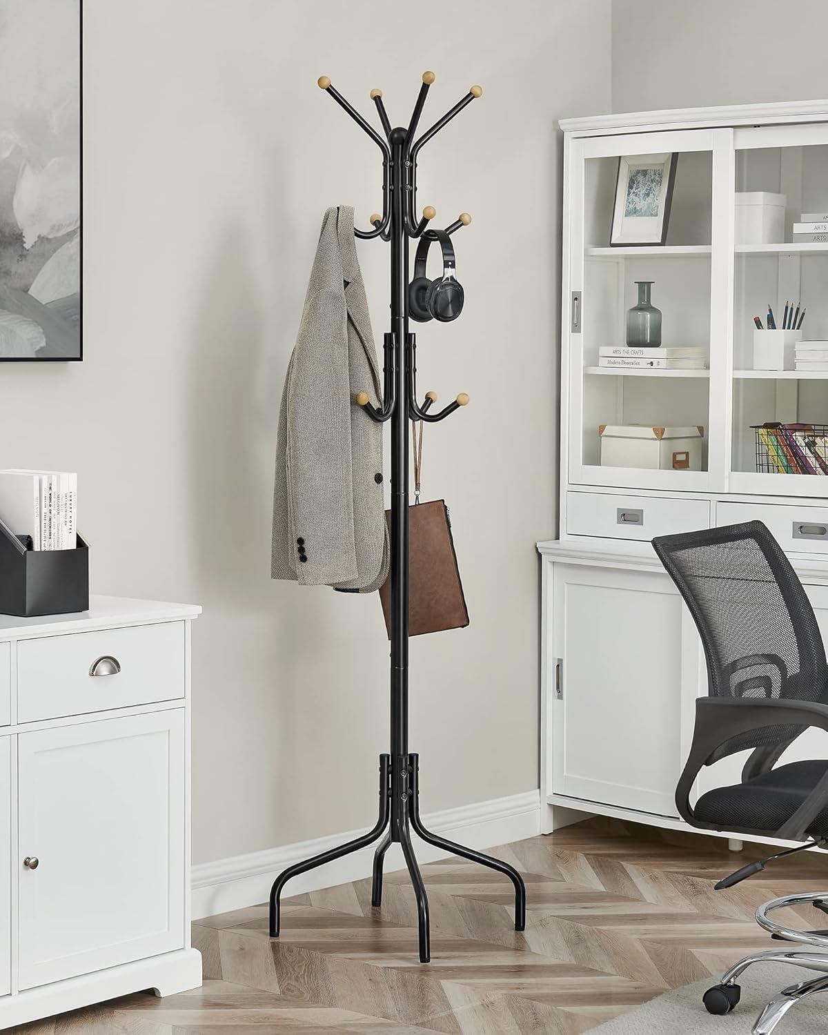 Black Freestanding Metal Coat Rack with 12 Hooks and Wooden Knobs