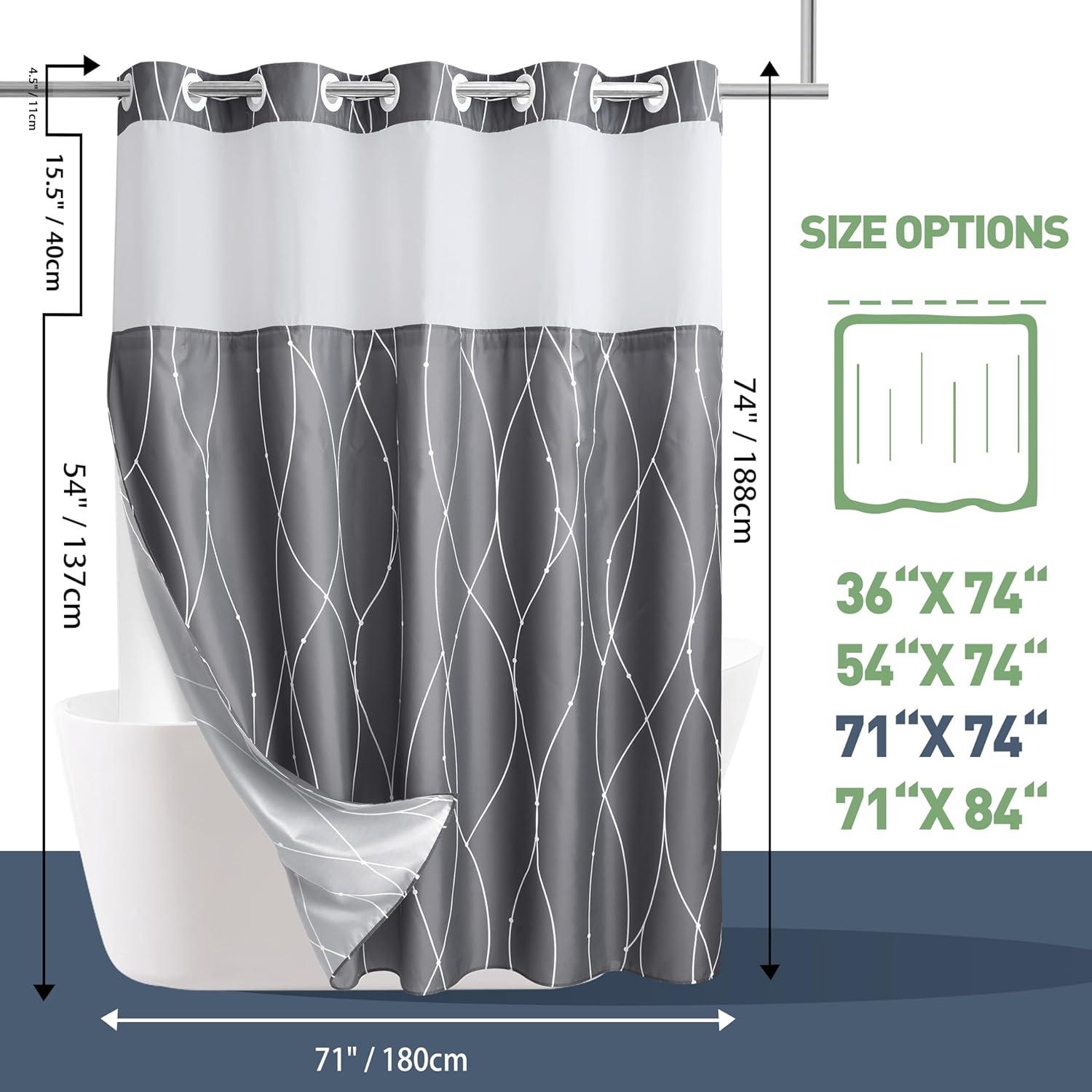 Grey White Striped Fabric Shower Curtain with Snap in Removable Liner for Bathroom Bathtubs,Hotel Shower Curtain and Liner Set with See Through Mesh Top Window,Machine Washable (71"W X 74"H)