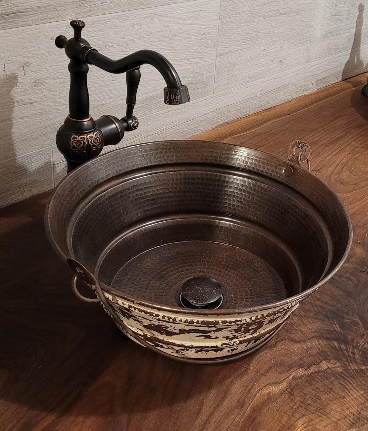 15" Round Copper Vessel Sink with Distressed Antique White Exterior