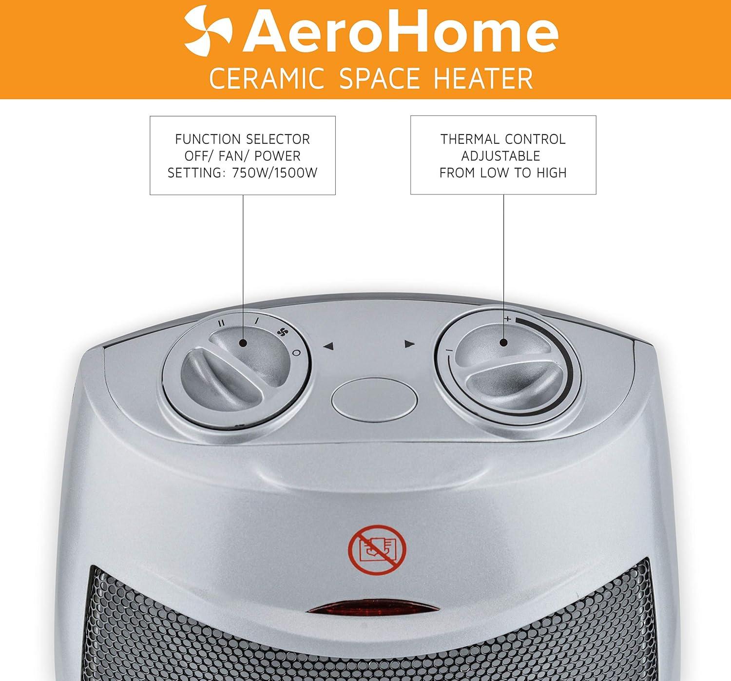 AeroHome 1500W Personal Electric Ceramic Space Heater with Adjustable Thermostat, Silver