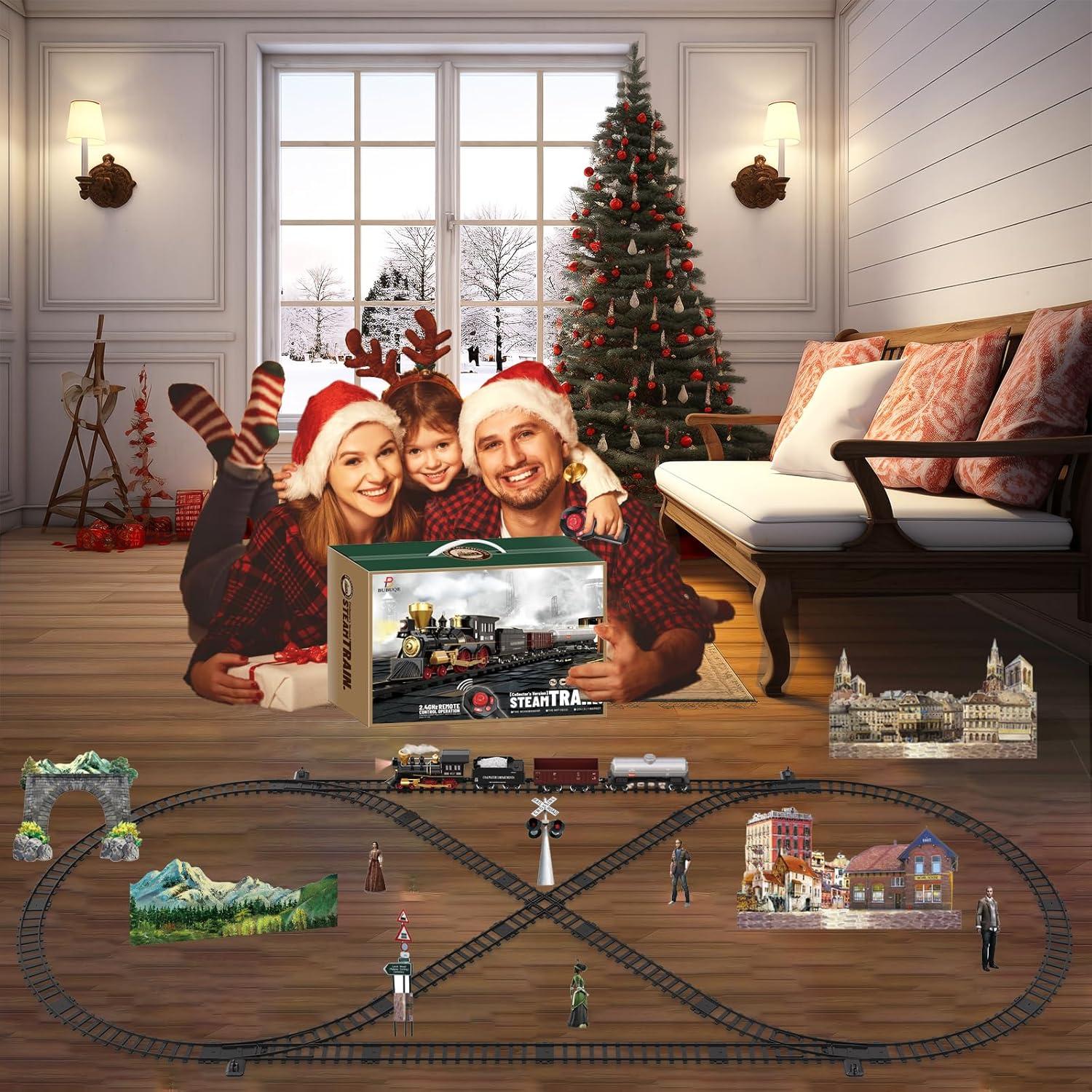 Train Set for Kids Remote Control Christmas Train Toys w/Steam Locomotive,Passenger Carriage & Luxury Tracks, Electric Trains w/Realistic Smoke,Sounds & Lights, Birthday Gift for Boys Girls 3 4 5 6 7