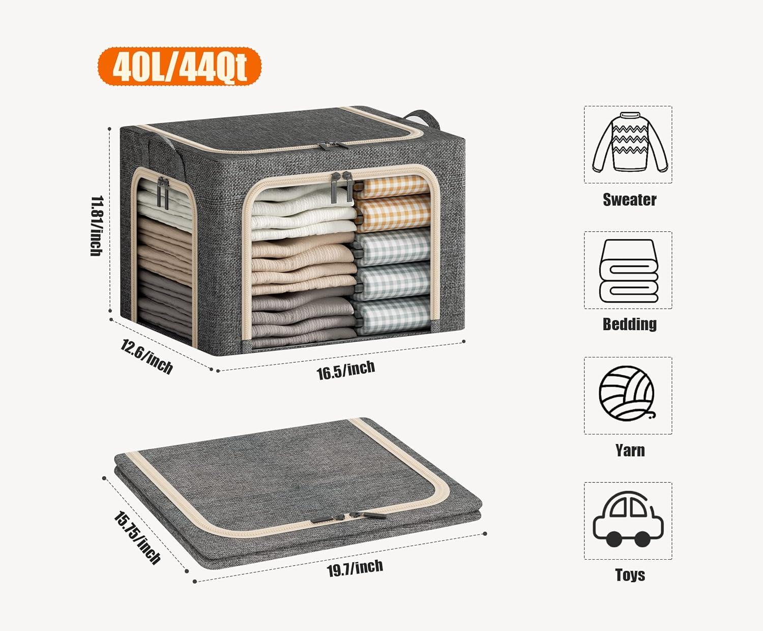 3 Openings Clothes Storage Bins With Metal Frame, Foldable Storage Bin For Clothes, Clothing Storage Bins With Lid, Linen Storage Box With Clear Window& Zippers& Durable Handles.(3 Pcs,Light Grey,40L)