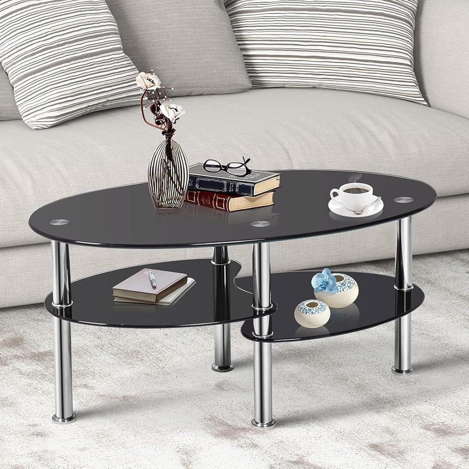 Costway Tempered Glass Oval Side Coffee Table Shelf Chrome Base Living Room Black