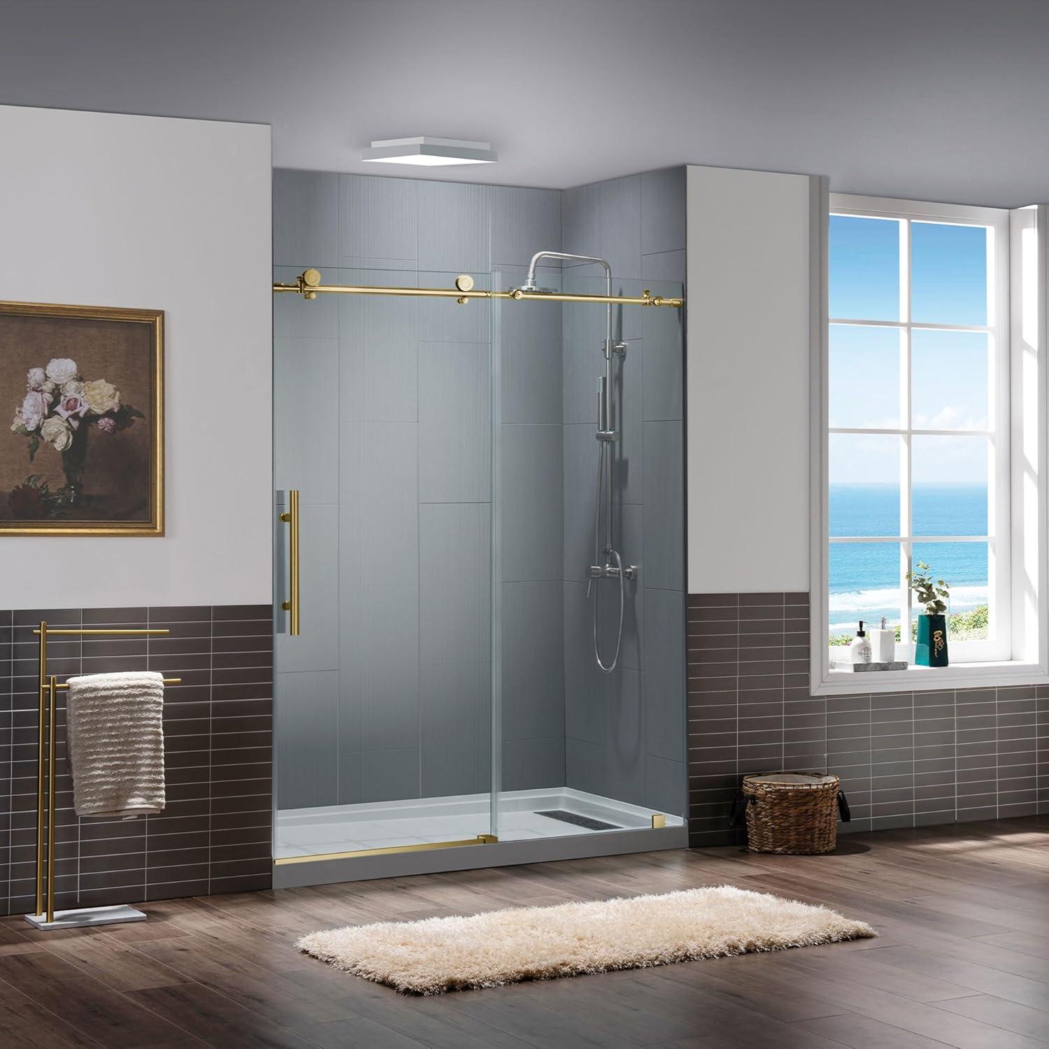 WoodBridge 56"-60" W x 76" H Single Sliding Frameless Shower Door | 3/8" (10mm) Thickened Upgrade Tempered Glass | Stainless Steel Hardware | Safe, Explosion-Resistant, Clear & Stylish, Sturdy & Durable MBSDC6076-BG