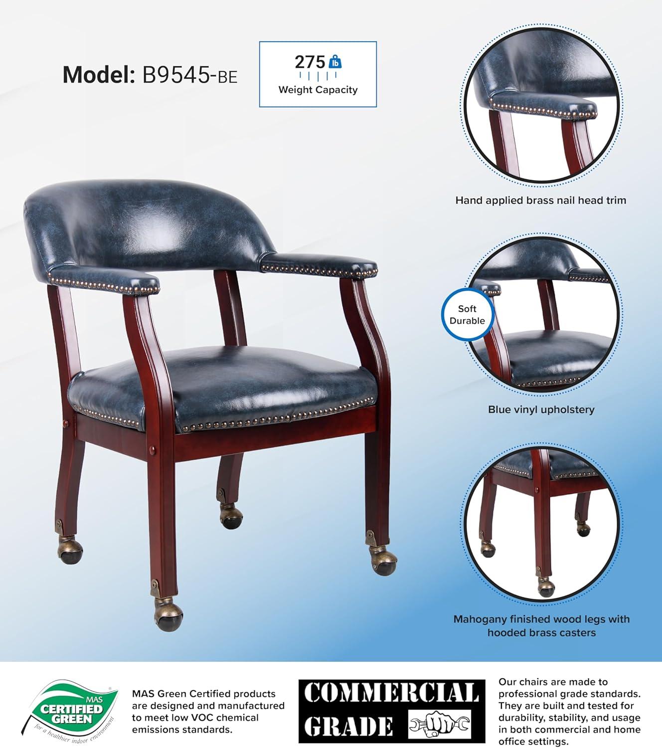 Captain's Chair with Casters Blue - Boss Office Products: Vinyl Upholstery, Fixed Height, Nailhead Trim