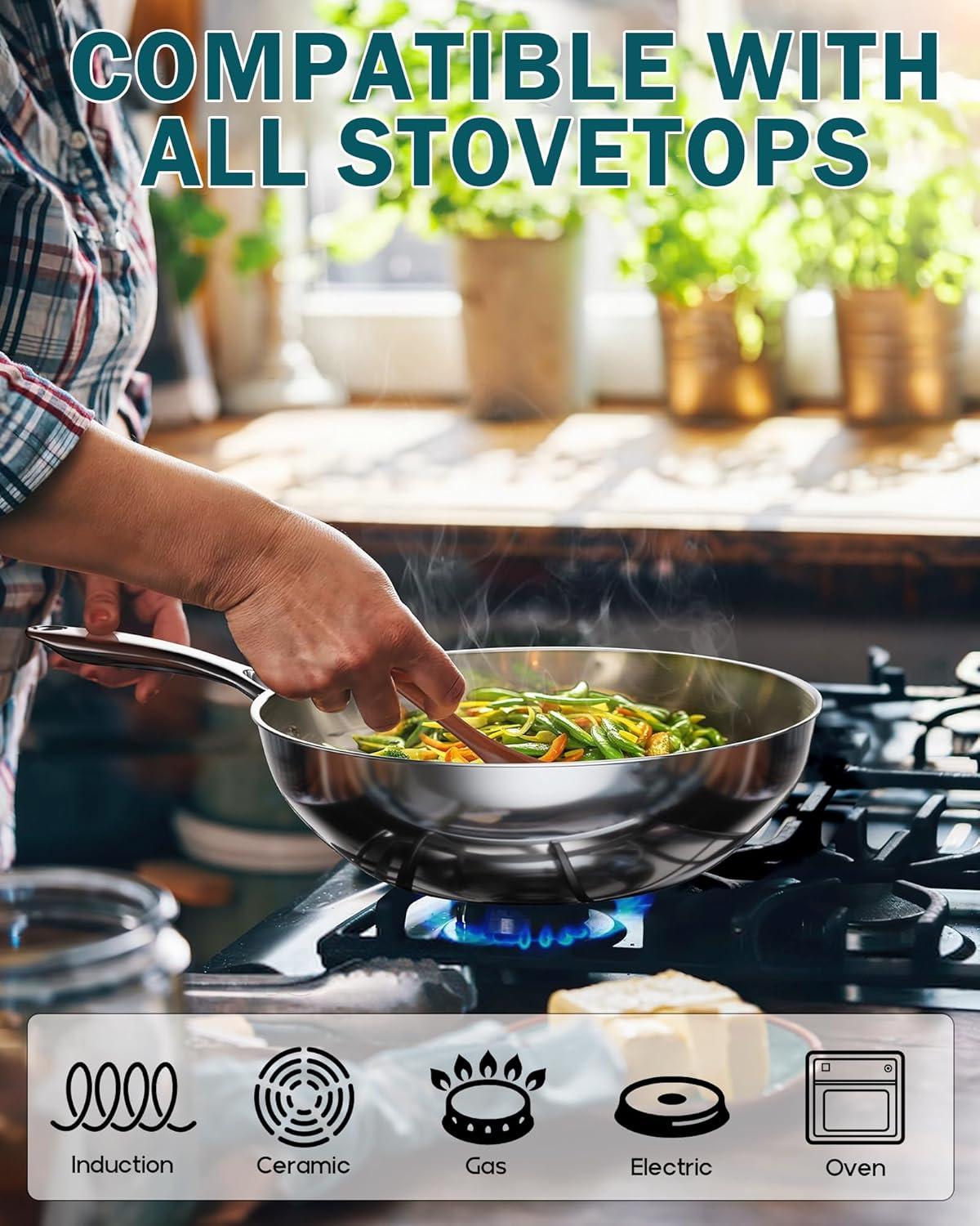 Cooks Standard Cooks Standard Multi-ply Clad Stainless Steel Wok Stir Fry Pan, 10.5 Inch Induction Wok With Lid, Flat Bottom Wok, Silve