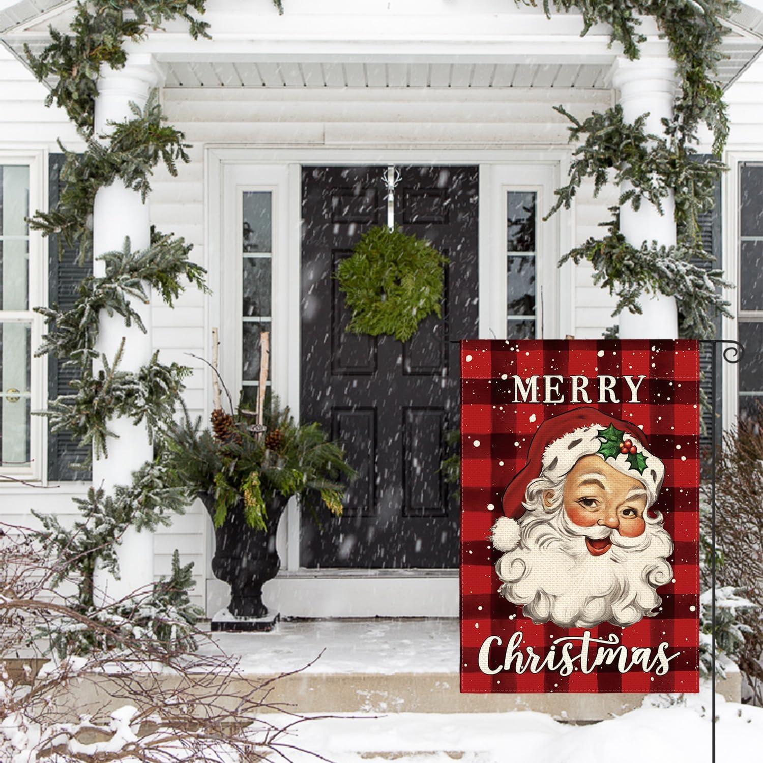 PHYHOO  Merry Christmas Santa Claus Garden Flag Double Sided, Watercolor Buffalo Plaid Winter Holiday Yard Outdoor Decorative Flag White