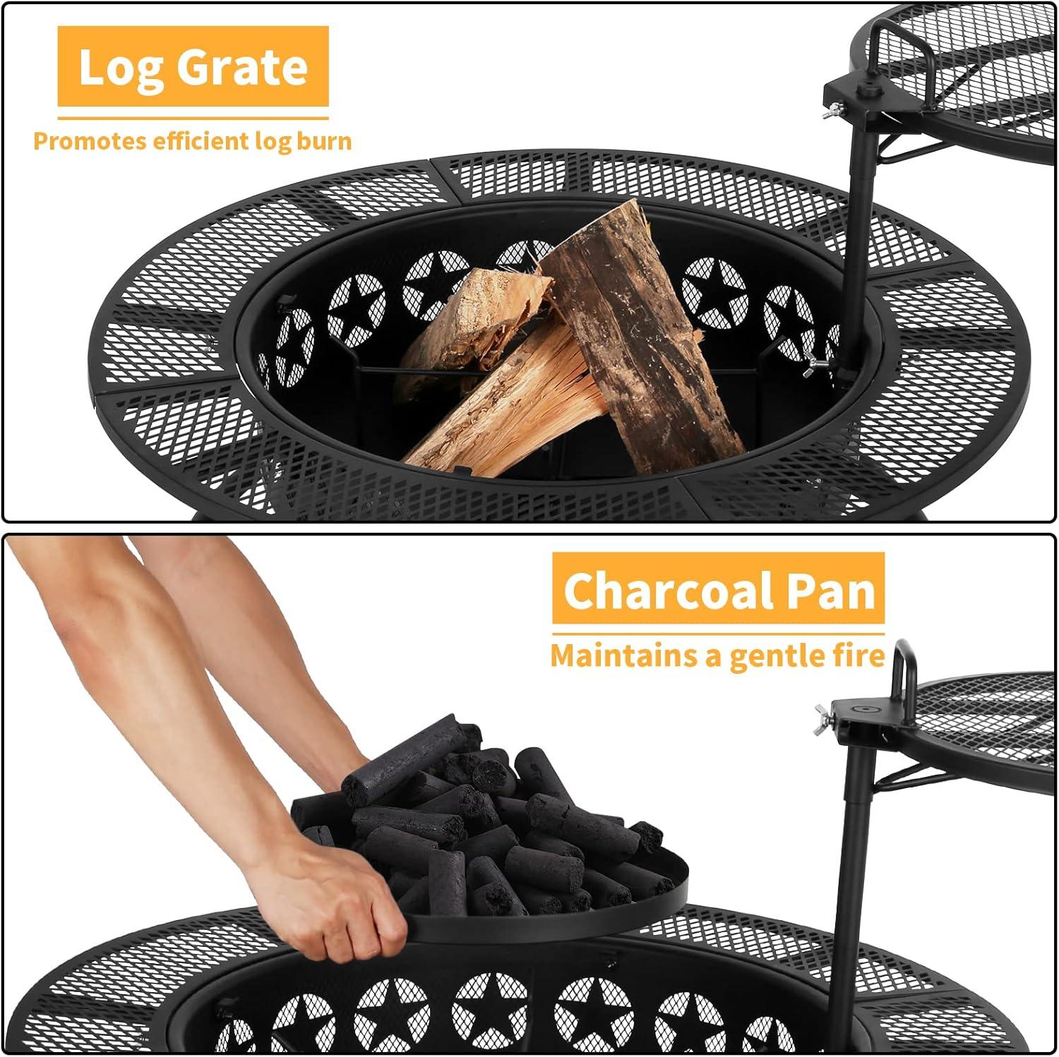 Black Powder Coated Steel Round Fire Pit with Grates