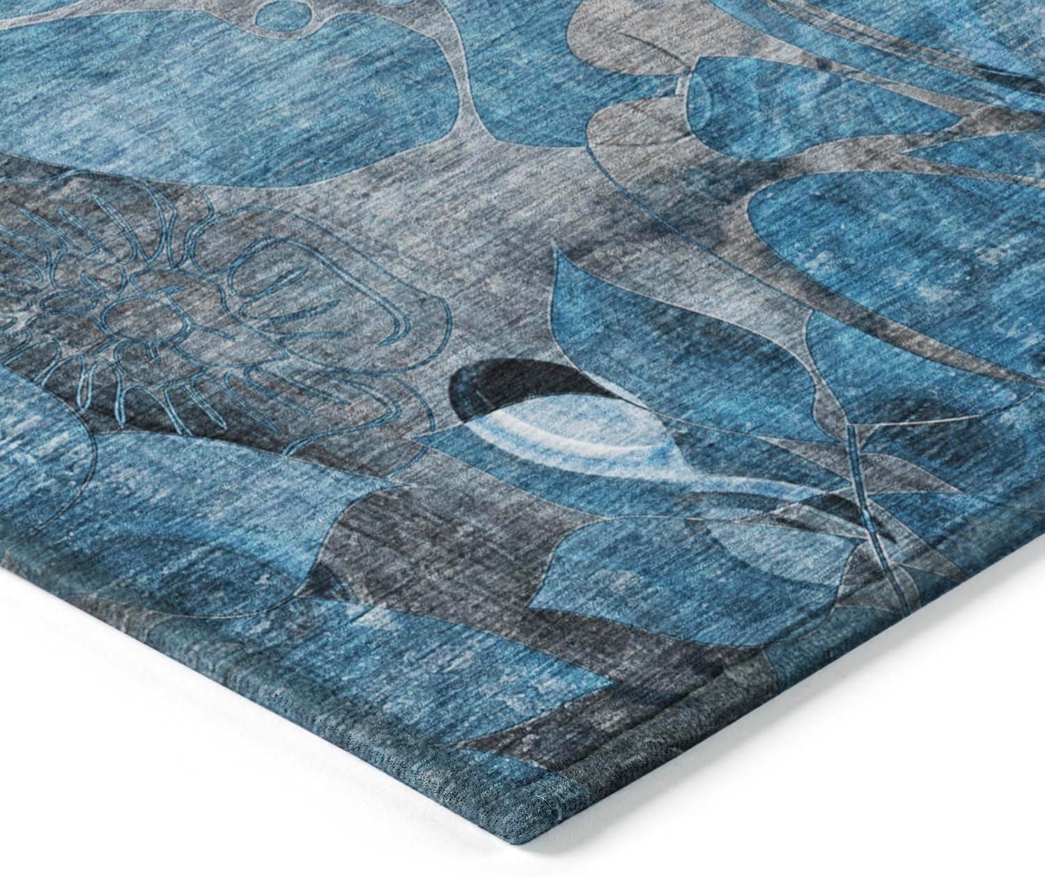 Blue Floral Synthetic 9' x 12' Washable Area Rug