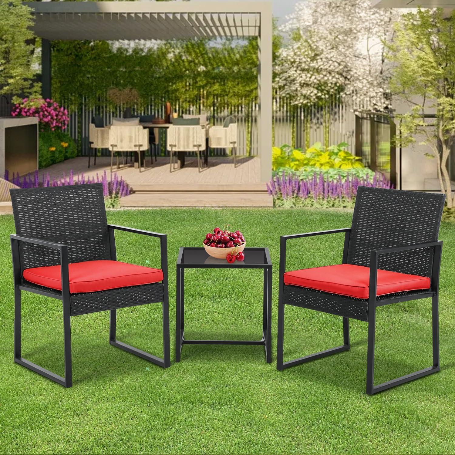 Red 3-Piece Steel and Rattan Outdoor Furniture Set with Black Glass Table