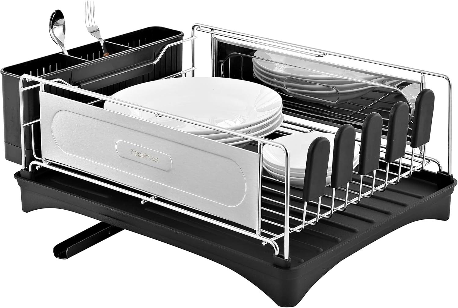 happimess Compact 18.25" 2-Tier Fingerprint-Proof Stainless Steel Dish Drying Rack with Swivel Spout Tray, Stainless Steel/Black