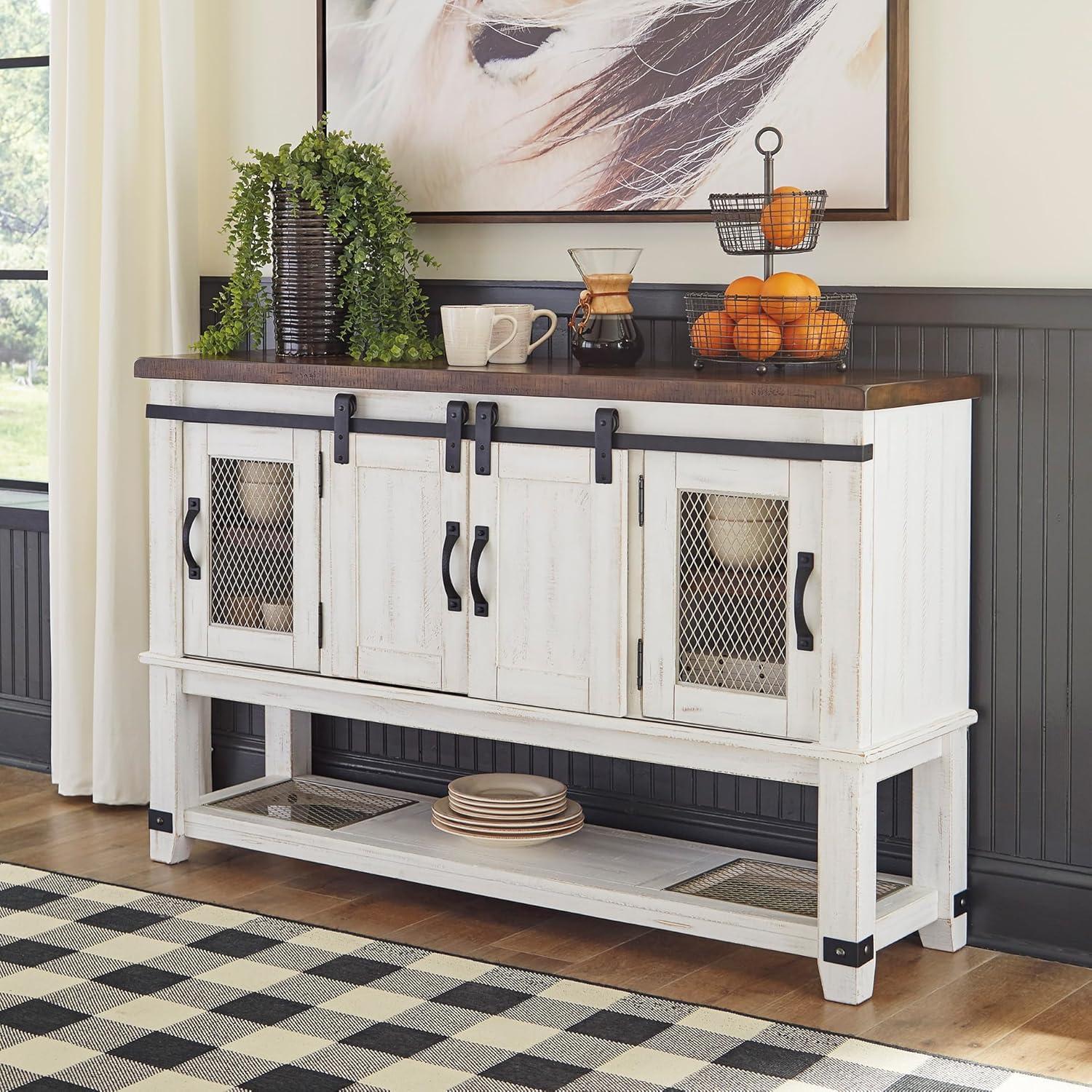 Signature Design by Ashley Valebeck Dining Server White/Brown/Beige: Rustic Farmhouse Sideboard with Adjustable Shelves