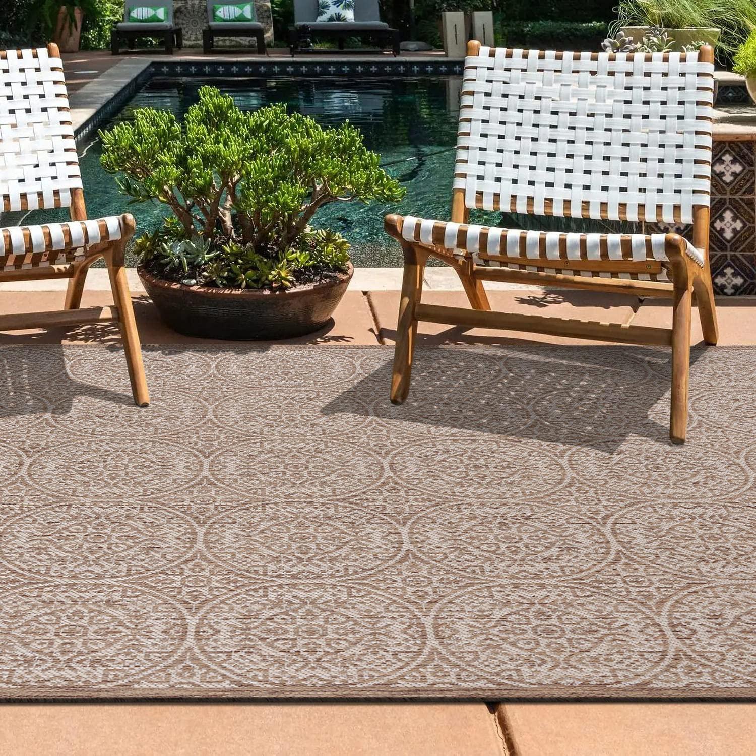 World Rug Gallery Transitional Floral Circles Textured Flat Weave Indoor/Outdoor Area Rug - BROWN 7'10"X10'