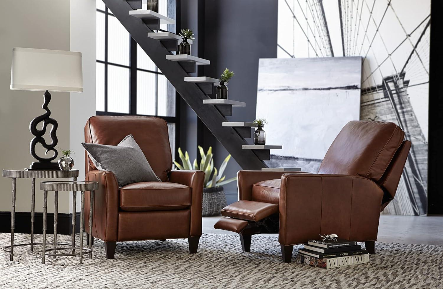 Handcrafted Brown Leather Recliner with Dark Wood Finish