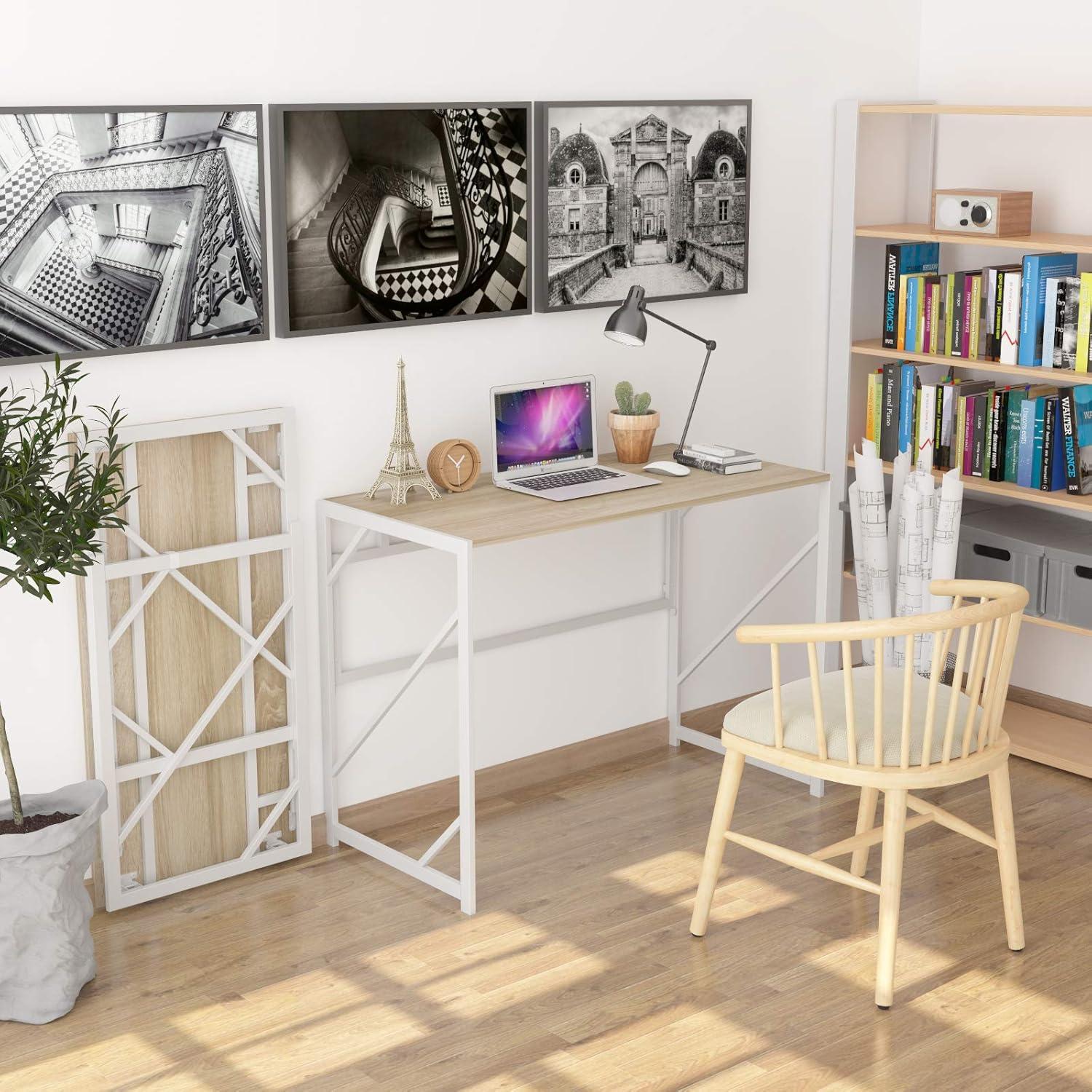 Beige Foldable Rectangular Computer Desk with Steel Frame