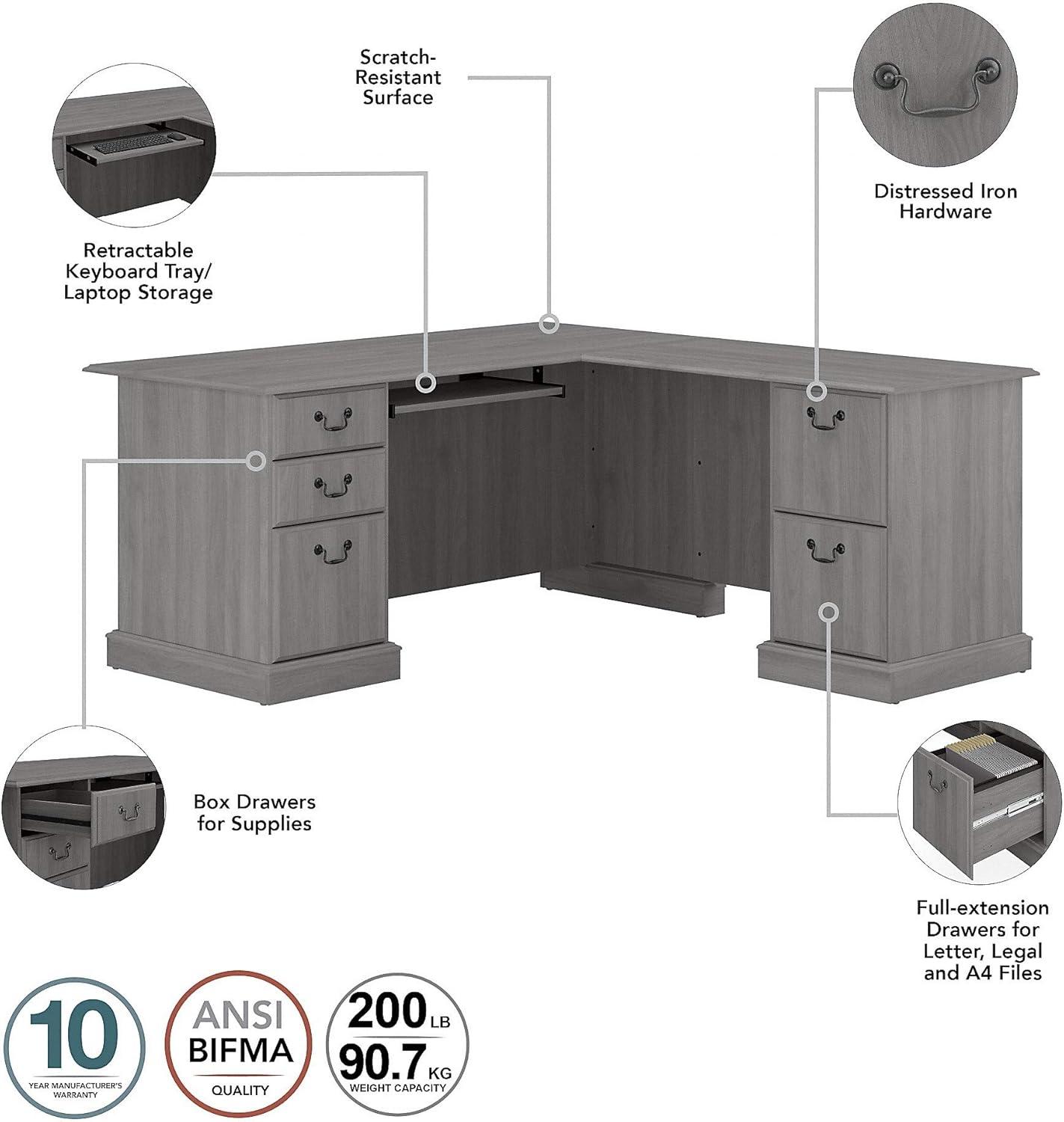 Modern Gray L-Shaped Wood Executive Desk with Drawers and Keyboard Tray