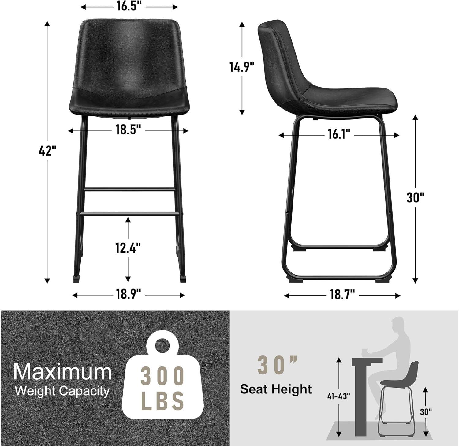 YaFiti Barstools 30'' PU Leather Counter Height Bar Stools Set of 4 with Back Modern Armless Chairs with Footrest and Metal Legs for Kitchen Living Room Pub, Black