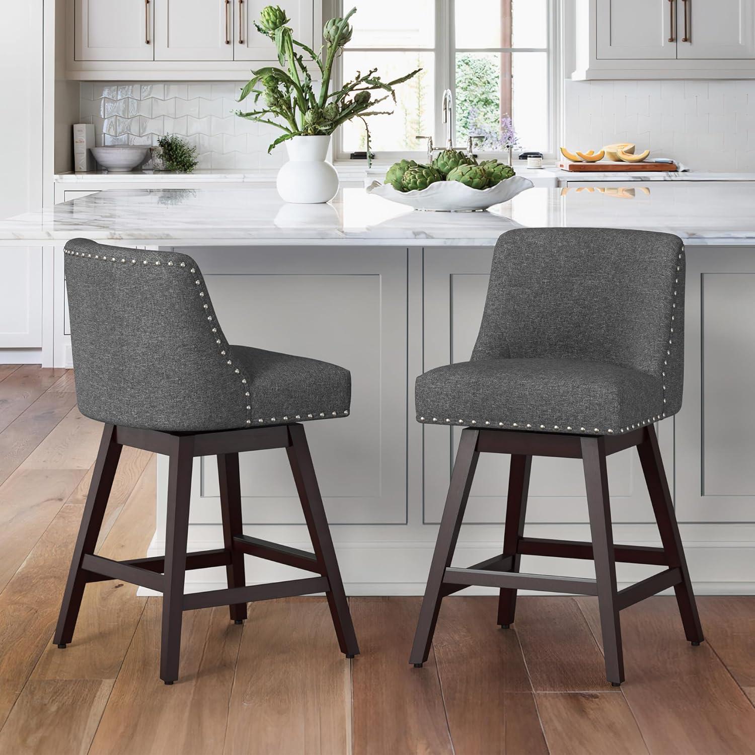 Charcoal Gray Swivel Counter Height Bar Stools with Wood Legs, Set of 2