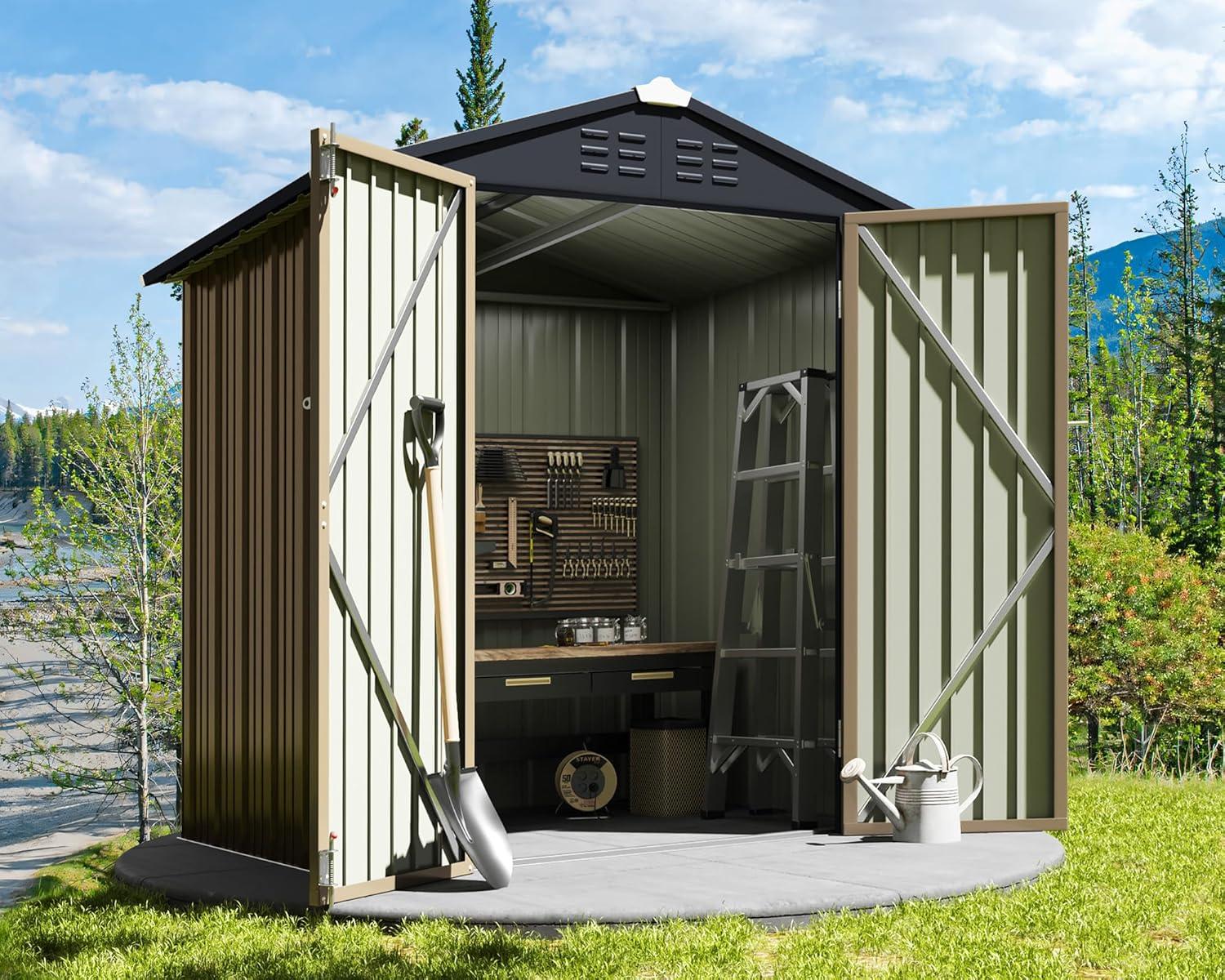 Outdoor Metal Storage Shed 6 x 4 ft, GVDV Updated Steel Garden Shed with Door & Lock, Brown