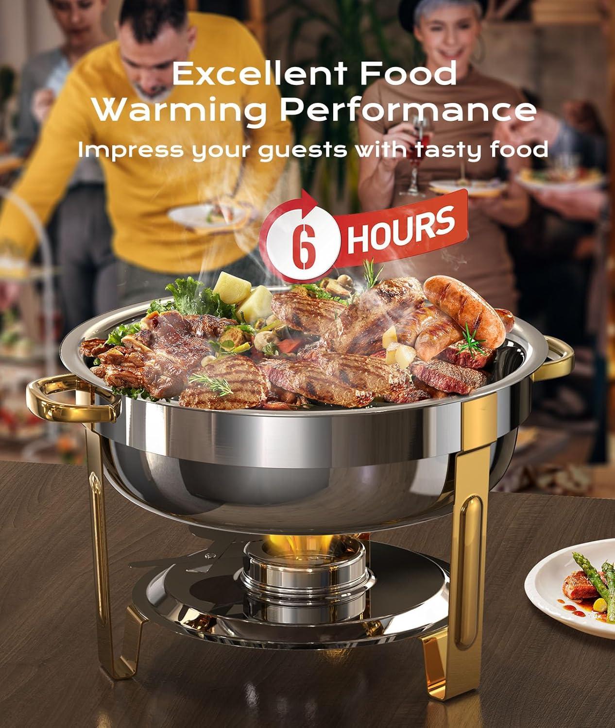 WhizMax Chafing Dish Buffet Set 2 Pack 5QT, Stainless Steel Round Chafing Dishes for Buffet with Lid Holder & Glass Lid, Gold