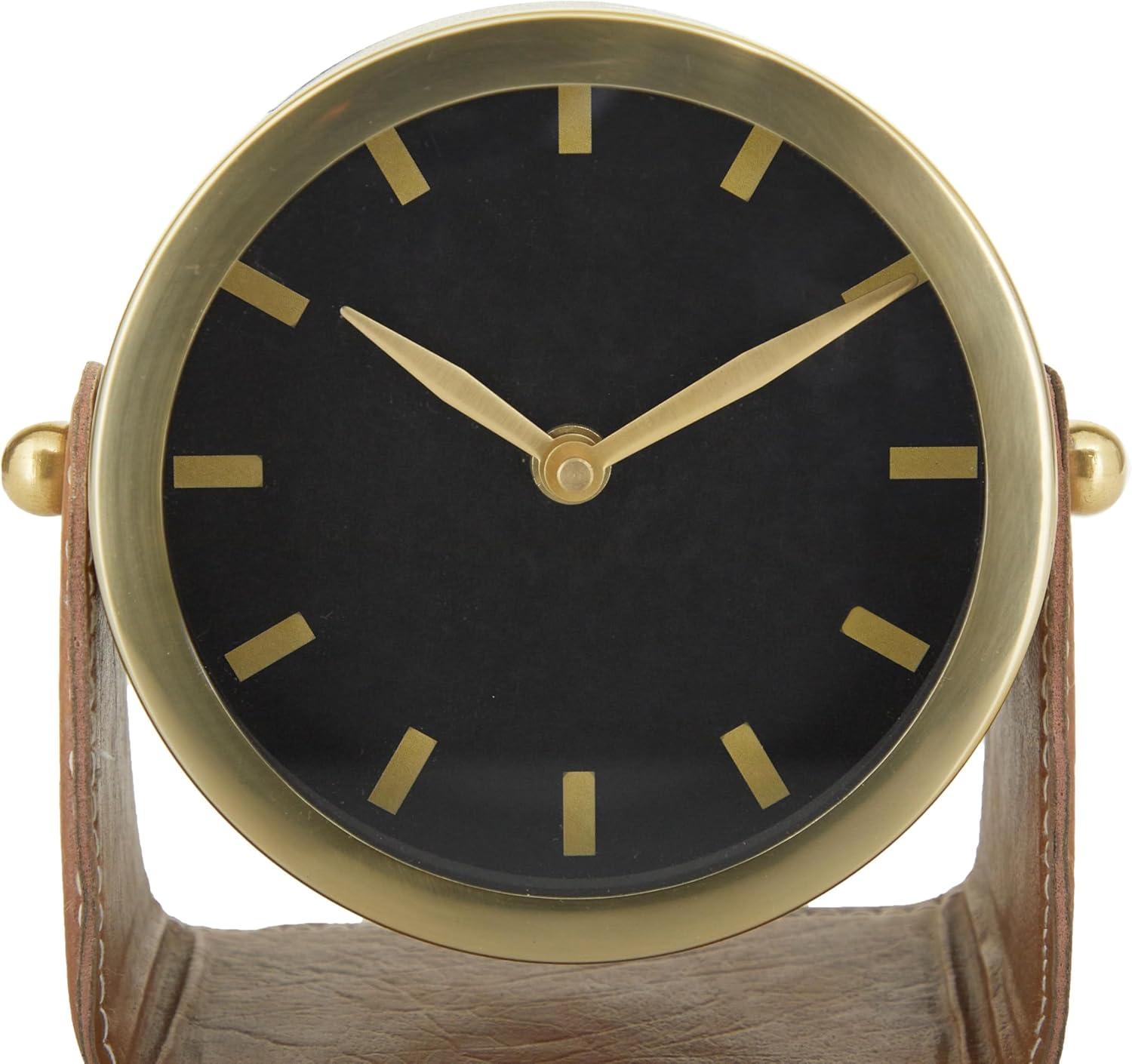 Deco 79 Stainless Steel Metal Clock with Leather Stand, 6" x 3" x 6", Gold