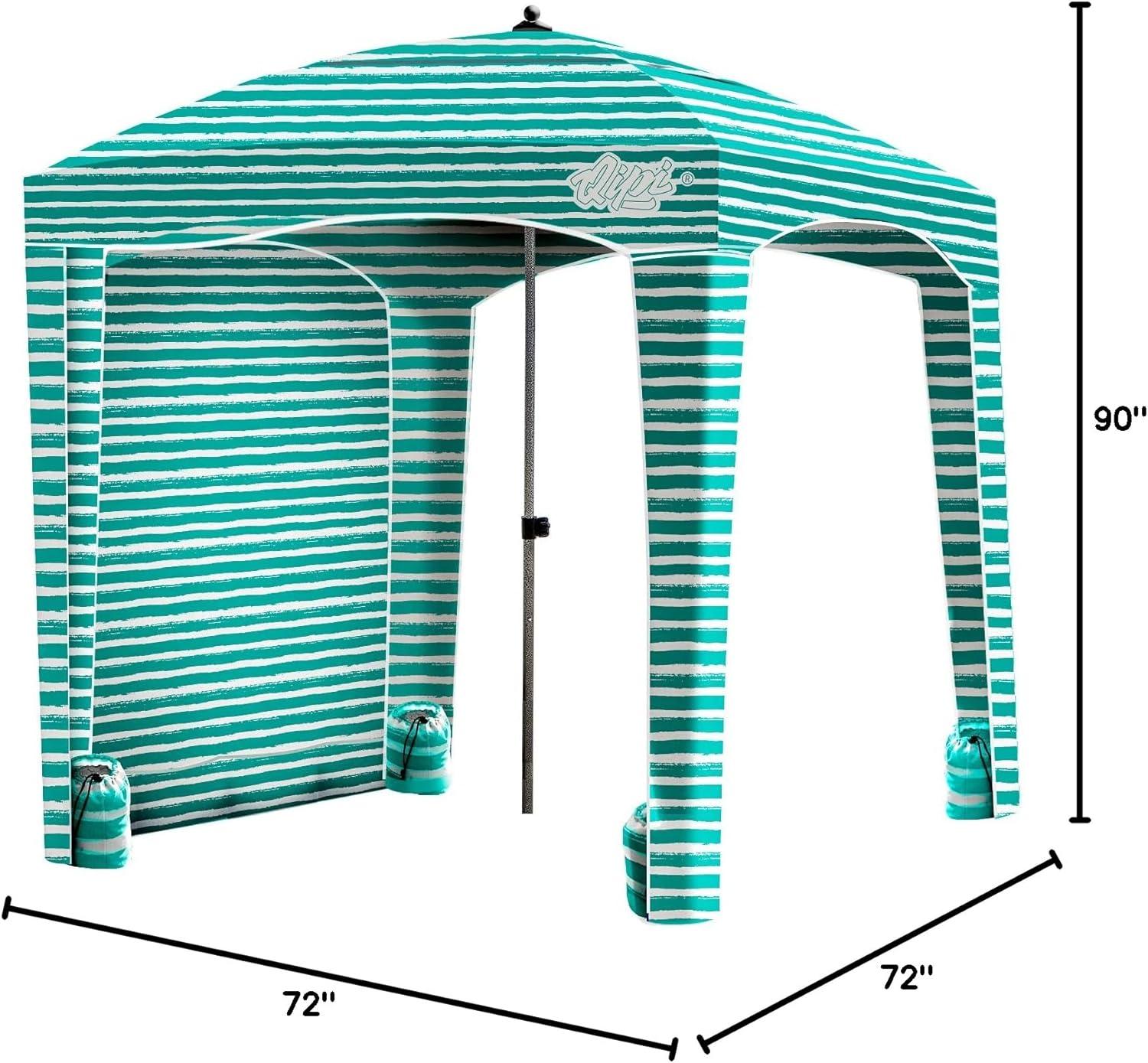 Portable Green and White Striped Beach Cabana with Metal Frame