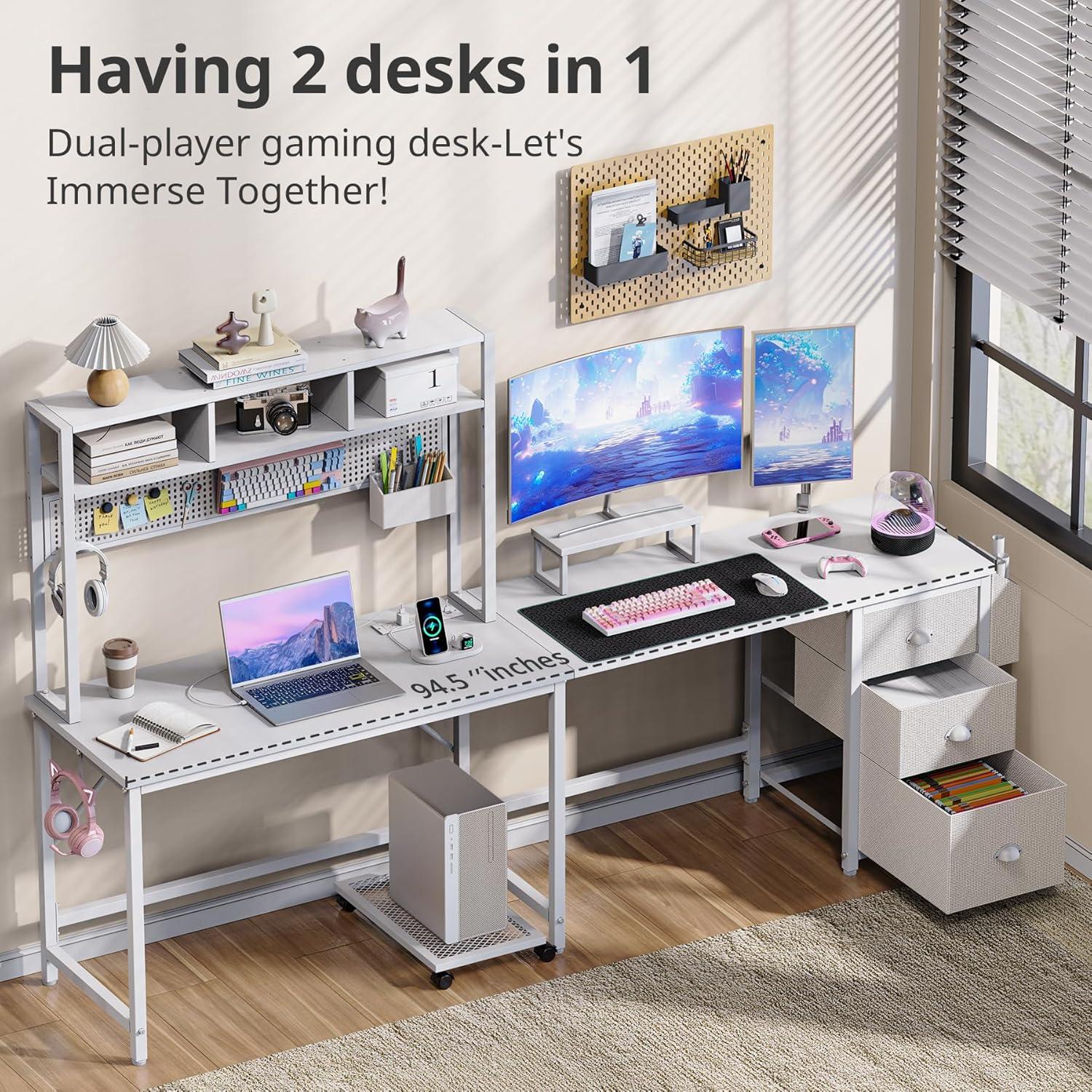 White L-Shaped Gaming Desk with Drawers and USB Port